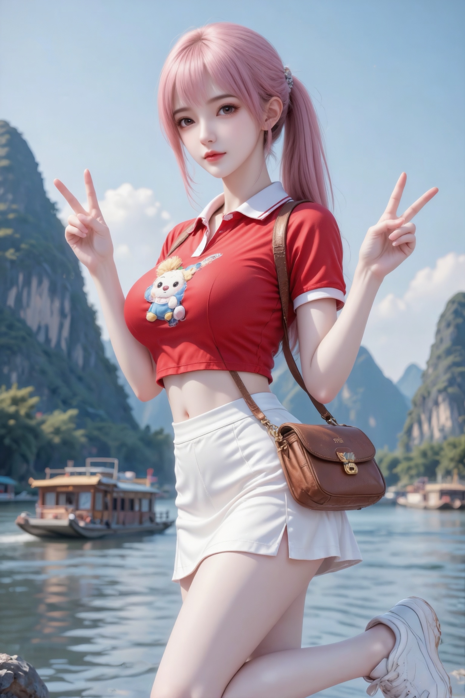 杰作级画质,顶级图像精度,超高清细节渲染,单人女性角色,（ff粉色亮丽的长发：1.4）,（比例优越的纤细长腿：1.3）,（肌肤白皙光滑的匀称美腿：1.4）,（挺拔饱满的D 罩杯曲线：1.4）,（精致立体的美颜五官：1.4）,美颜全开,光滑油亮的皮肤,水嫩的肌肤,,傲人身材,C-cup,一个女孩,粉色头发,
女子半扎低马尾柔顺直发,冷白皮的绝世美人,拥有冰瓷玉肌般的皮肤,细腻白皙如羊脂玉,通透感极强,鼻子莹润。她有着瓜子脸,符合二庭五眼的标准,呈现出清纯的气质,穿着红色紧身短款Polo衫（带有公仔图案）和白色紧身短裙,胸形饱满,脚踩白色运动鞋,斜挎棕色品牌包。她在桂林山水前摆着剪刀手姿势,背景是漓江、游船和喀斯特山峰,画面充满青春活力,展现出旅行的愉悦感。