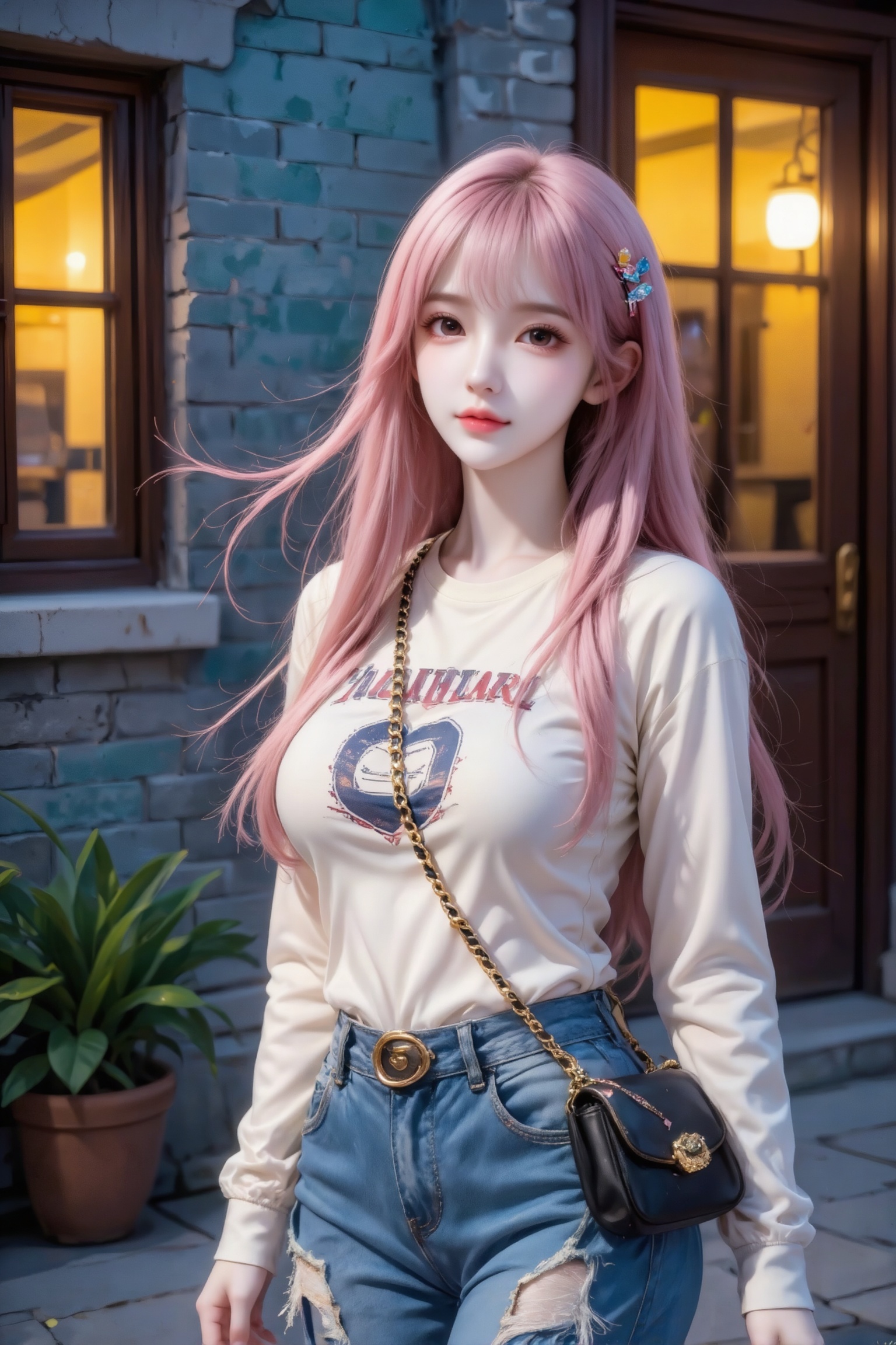 杰作级画质,顶级图像精度,超高清细节渲染,单人女性角色,（ff粉色亮丽的长发：1.4）,（比例优越的纤细长腿：1.3）,（肌肤白皙光滑的匀称美腿：1.4）,（挺拔饱满的D 罩杯曲线：1.4）,（精致立体的美颜五官：1.4）,美颜全开,光滑油亮的皮肤,水嫩的肌肤,,傲人身材,C-cup,一个女孩,粉色头发,
真人摄影,夜晚场景,（电影级面光：1.6）,（光线追踪：1.5）,（冷白皮漫感质感的光滑皮肤：1.7）,（人物有最好的骨相：1.2）,（网感脸：1.6）,（网感妆：1.6）S形身材,身材完美,莫兰迪配色,高颜值网红,INS风,幼态脸,19岁女生尖下巴,三庭五眼比例均衡,身材娇小,细腻陶瓷水嫩肌肤,偏冷白皮,随机的妆容,随机的饰品,随机的动作,侧光,发丝轻飘,凌乱,随机角度拍摄,总体有很多的不确定性,但又好看,
风格甜美少女系,氛围慵懒俏皮,东方美女,黑长直,年轻娇小,发丝呈现出自然的蓬松感与垂坠感,长发散落于肩头两侧,几缕发丝拂面,冷白皮气质美女,薇薇纯欲风,沙漏型身材,B cup,皮肤白皙,偶像气质,fairskin,气质的江南美女子,有点甜美,皮肤美白透亮,表情可爱,甜美氛围,细腻笔触,独特韵味的美,构图优美,绝美角度。上身穿着米白色长袖T恤,学院风图案,增添慵懒感；下身搭配做旧水洗蓝微喇牛仔裤,裤腰处有独特金属扣设计；斜挎黑金链条包,点缀精致小发夹。斑驳的灰色青砖老墙,背景是复古巷弄,墙面上嵌着深棕色木质门框与窗户,左侧有一盆绿植,脚下是平整石板路； 暖黄色灯光从建筑内透出,柔和地打在墙面与人物身上,营造出清冷又温暖的氛围感。近景上半身特写
