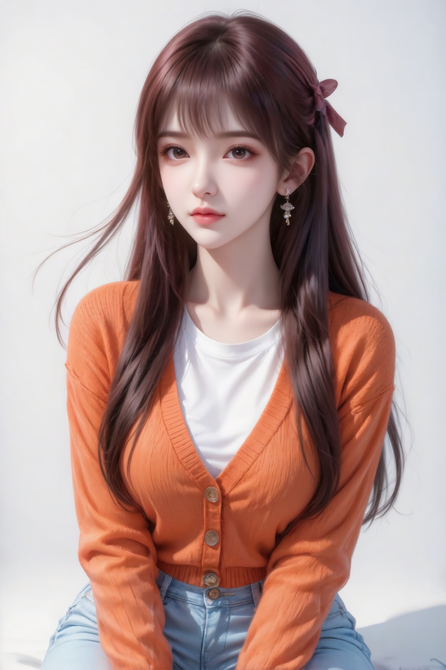 杰作级画质,顶级图像精度,超高清细节渲染,单人女性角色,（ff粉色亮丽的长发：1.4）,（比例优越的纤细长腿：1.3）,（肌肤白皙光滑的匀称美腿：1.4）,（挺拔饱满的D 罩杯曲线：1.4）,（精致立体的美颜五官：1.4）,美颜全开,光滑油亮的皮肤,水嫩的肌肤,,傲人身材,C-cup,一个女孩,粉色头发,
（电影级面光：1.6）,（光线追踪：1.5）,（冷白皮漫感质感的光滑皮肤：1.7）,（人物有最好的骨相：1.2）,（网感脸：1.6）,身材完美,莫兰迪配色,高颜值网红,INS风,19岁女生尖下巴,三庭五眼比例均衡,细腻陶瓷水嫩肌肤,偏冷白皮,随机的妆容,随机的饰品,随机的动作,侧光,发丝轻飘,凌乱,随机角度拍摄,总体有很多的不确定性,但又好看,
氛围慵懒俏皮,东方美女,冷白皮气质美女,薇薇纯欲风,皮肤白皙,偶像气质,fairskin,气质的江南美女子,有点甜美,皮肤美白透亮,甜美氛围,细腻笔触,独特韵味的美,可爱表情,正面照,精致美女肖像,皮肤细腻光滑,妆容淡雅清新,突出自然美感。空灵的气氛,巧妙地捕捉情感,杰作,柔和,高分辨率,景深构图,层次32k高清蓝光。表情可爱,冷白皮气质美女,皮肤白皙,偶像气质,深栗棕色的森系发型自然垂落,深栗棕色直深色长发系带束缚,发丝呈现出自然的垂坠感,长发散落于肩头两侧,几缕发丝拂面,带着精致耳饰,目光看向一旁
上身穿橙色针织开衫,内搭白色T恤,下身穿浅蓝色紧身牛仔裤,