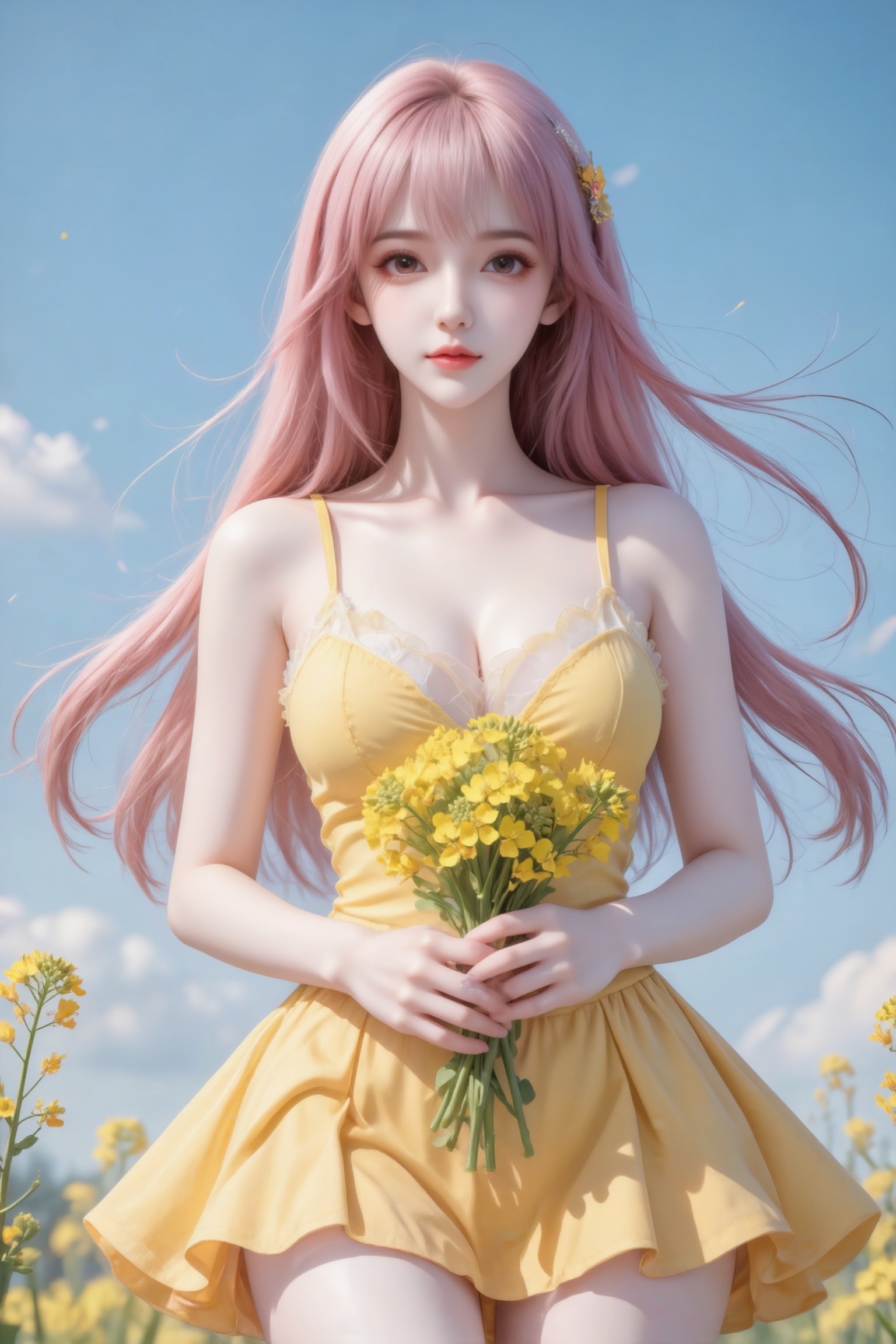 杰作级画质,顶级图像精度,超高清细节渲染,单人女性角色,（ff粉色亮丽的长发：1.4）,（比例优越的纤细长腿：1.3）,（肌肤白皙光滑的匀称美腿：1.4）,（挺拔饱满的D 罩杯曲线：1.4）,（精致立体的美颜五官：1.4）,美颜全开,光滑油亮的皮肤,水嫩的肌肤,,傲人身材,C-cup,一个女孩,粉色头发,
身穿黄色吊带圆领连衣裙过膝,胸口初装饰同色系纱边,大裙摆,手捧黄色油菜花,最高等级画质,IHD,梦幻,美颜全开,浪漫唯美,超高清,32k分辨率,去掉一切噪点,蓝天背景,油菜花。（电影级面光：1.6）,（光线追踪：1.5）,（冷白皮漫感质感的光滑皮肤：1.7）,（人物有最好的骨相：1.2）,（网感脸：1.6）,（网感妆：1.6）S形身材,身材完美,莫兰迪配色,高颜值网红,INS风,幼态脸,19岁女生尖下巴,三庭五眼比例均衡,身材娇小,细腻陶瓷水嫩肌肤,偏冷白皮,随机的妆容,随机的饰品,随机的动作,侧光,发丝轻飘,凌乱,随机角度拍摄,总体有很多的不确定性,但又好看,
风格甜美少女系,氛围慵懒俏皮,东方美女,黑长直,年轻娇小,发丝呈现出自然的蓬松感与垂坠感,长发散落于肩头两侧,几缕发丝拂面,冷白皮气质美女,薇薇纯欲风,皮肤白皙,偶像气质,fairskin,气质的江南美女子,有点甜美,皮肤美白透亮,表情可爱,甜美氛围,细腻笔触,独特韵味的美,构图优美,绝美角度拍摄