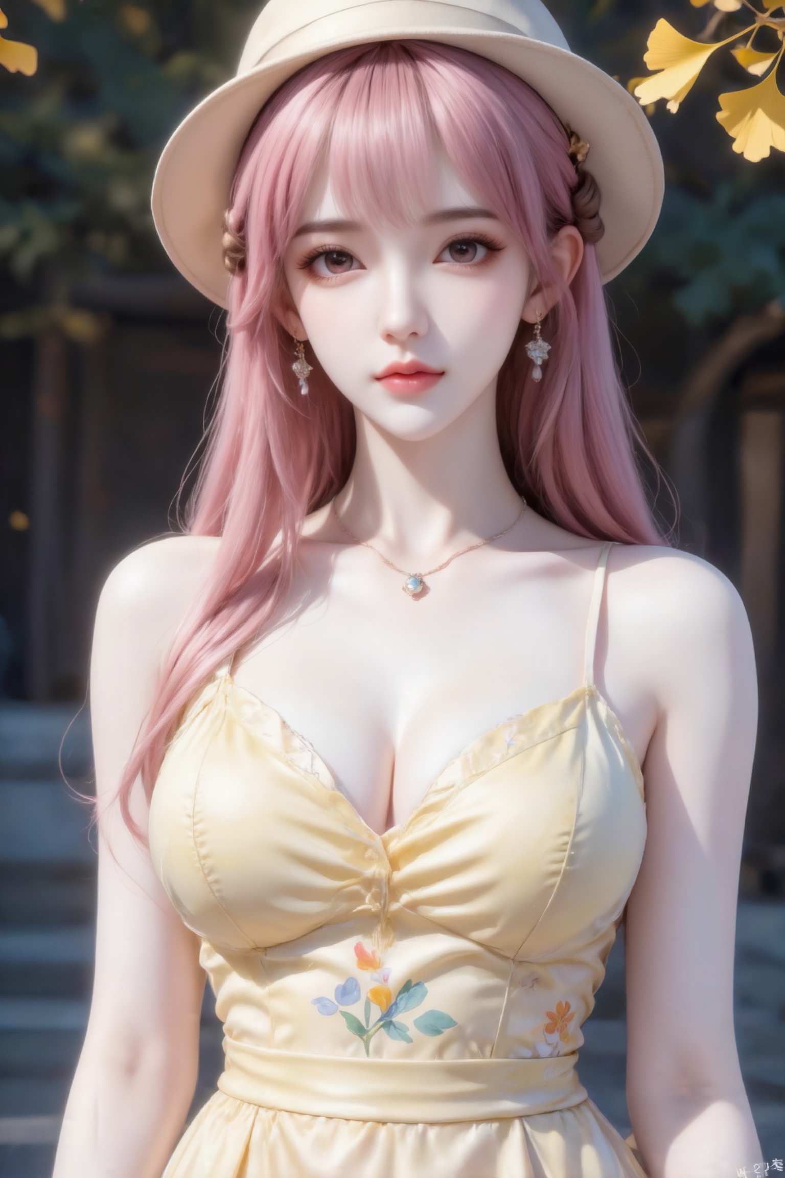 杰作级画质,顶级图像精度,超高清细节渲染,单人女性角色,（ff粉色亮丽的长发：1.4）,（比例优越的纤细长腿：1.3）,（肌肤白皙光滑的匀称美腿：1.4）,（挺拔饱满的D 罩杯曲线：1.4）,（精致立体的美颜五官：1.4）,美颜全开,光滑油亮的皮肤,水嫩的肌肤,,傲人身材,C-cup,一个女孩,粉色头发,
（冷色调,高曝光,高亮度,18岁女大学生,尖下巴,三庭五眼比例均衡,棕色简约盘发。身材娇小,细腻陶瓷水嫩肌肤,偏冷白皮,妆容精致上半身特写,正面照,全景镜头,人物上半身特写镜头,身穿淡鹅黄色蚕丝收腰连衣裙,精致花朵图案。同色系大檐帽,精致耳饰,项链,最高等级画质,IHD,梦幻,美颜全开,超高清,32k分辨率,去掉一切噪点,户外背景,银杏叶。