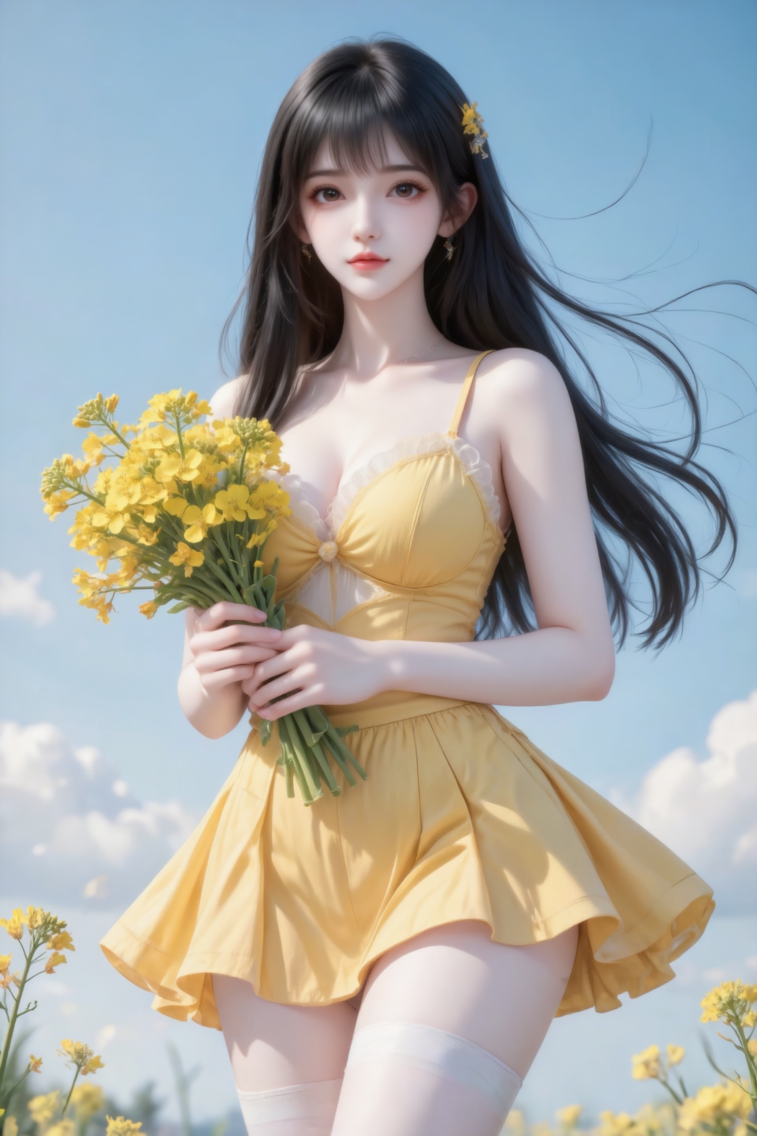 杰作级画质,顶级图像精度,超高清细节渲染,单人女性角色,（ff粉色亮丽的长发：1.4）,（比例优越的纤细长腿：1.3）,（肌肤白皙光滑的匀称美腿：1.4）,（挺拔饱满的D 罩杯曲线：1.4）,（精致立体的美颜五官：1.4）,美颜全开,光滑油亮的皮肤,水嫩的肌肤,,傲人身材,C-cup,一个女孩,粉色头发,
身穿黄色吊带圆领连衣裙过膝,胸口初装饰同色系纱边,大裙摆,手捧黄色油菜花,最高等级画质,IHD,梦幻,美颜全开,浪漫唯美,超高清,32k分辨率,去掉一切噪点,蓝天背景,油菜花。（电影级面光：1.6）,（光线追踪：1.5）,（冷白皮漫感质感的光滑皮肤：1.7）,（人物有最好的骨相：1.2）,（网感脸：1.6）,（网感妆：1.6）S形身材,身材完美,莫兰迪配色,高颜值网红,INS风,幼态脸,19岁女生尖下巴,三庭五眼比例均衡,身材娇小,细腻陶瓷水嫩肌肤,偏冷白皮,随机的妆容,随机的饰品,随机的动作,侧光,发丝轻飘,凌乱,随机角度拍摄,总体有很多的不确定性,但又好看,
风格甜美少女系,氛围慵懒俏皮,东方美女,黑长直,年轻娇小,发丝呈现出自然的蓬松感与垂坠感,长发散落于肩头两侧,几缕发丝拂面,冷白皮气质美女,薇薇纯欲风,皮肤白皙,偶像气质,fairskin,气质的江南美女子,有点甜美,皮肤美白透亮,表情可爱,甜美氛围,细腻笔触,独特韵味的美,构图优美,绝美角度拍摄