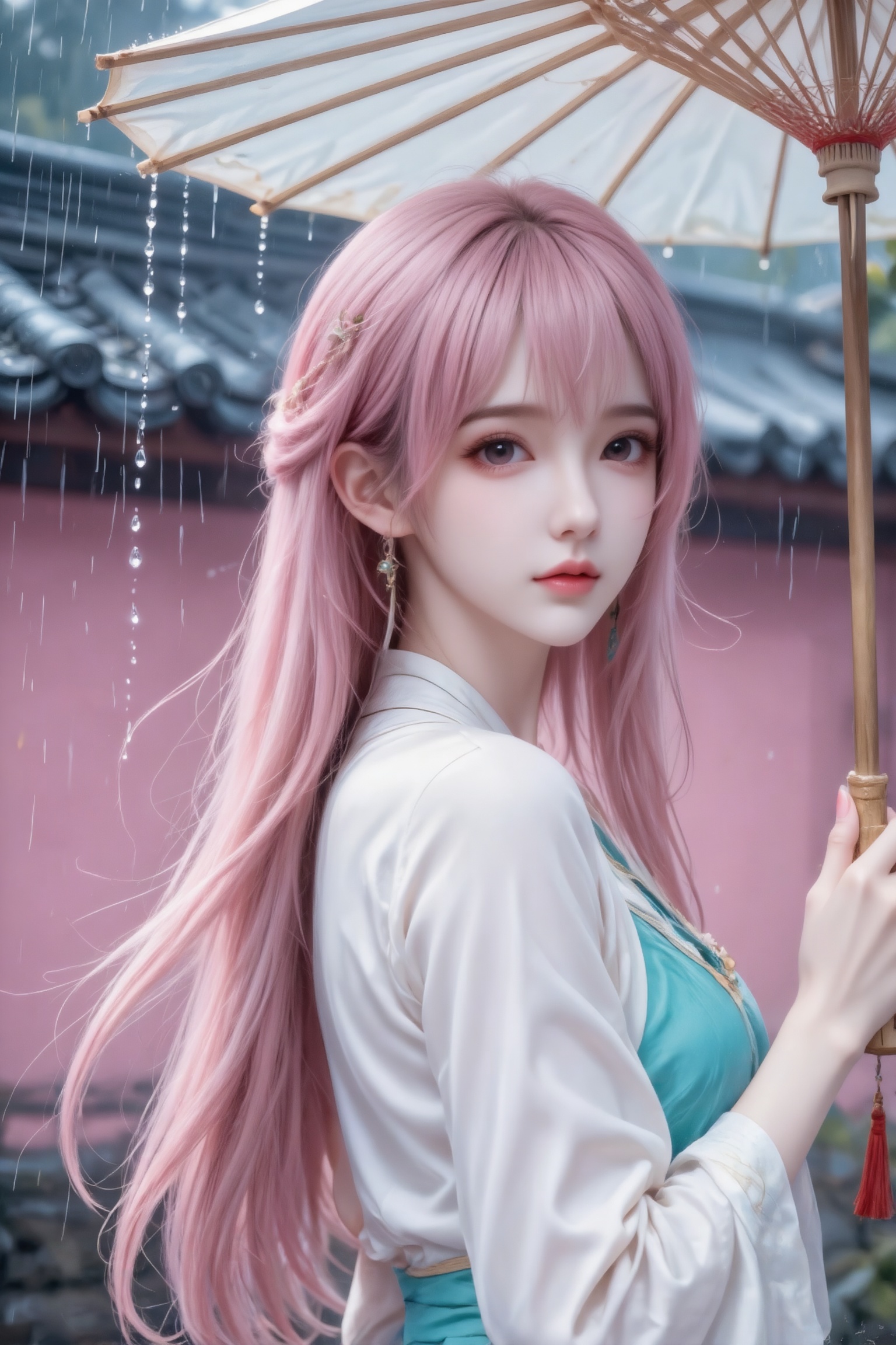 杰作级画质,顶级图像精度,超高清细节渲染,单人女性角色,（ff粉色亮丽的长发：1.4）,（比例优越的纤细长腿：1.3）,（肌肤白皙光滑的匀称美腿：1.4）,（挺拔饱满的D 罩杯曲线：1.4）,（精致立体的美颜五官：1.4）,美颜全开,光滑油亮的皮肤,水嫩的肌肤,,傲人身材,C-cup,一个女孩,粉色头发,
真实摄影,穿着象牙白褙子青衫,手执油纸伞,伞骨滴落的水珠,站在雨帘后朦胧的黛瓦粉墙旁,背影,回眸,（电影级面光：1.6）,（光线追踪：1.5）,（冷白皮漫感质感的光滑皮肤：1.7）,（人物有最好的骨相：1.2）,（网感脸：1.6）,（网感妆：1.6）身材完美,莫兰迪配色,高颜值网红,INS风,幼态脸,19岁女生尖下巴,三庭五眼比例均衡,身材娇小,细腻陶瓷水嫩肌肤,偏冷白皮,随机的妆容,随机的饰品,随机的动作,侧光,发丝轻飘,凌乱,随机角度拍摄,总体有很多的不确定性,但又好看,
风格甜美少女系,氛围慵懒俏皮,东方美女,黑长直,年轻娇小,发丝呈现出自然的蓬松感与垂坠感,长发散落于肩头两侧,几缕发丝拂面,冷白皮气质美女,薇薇纯欲风,皮肤白皙,偶像气质,fairskin,气质的江南美女子,有点甜美,皮肤美白透亮,表情可爱,甜美氛围,细腻笔触,独特韵味的美,构图优美,绝美角度拍摄