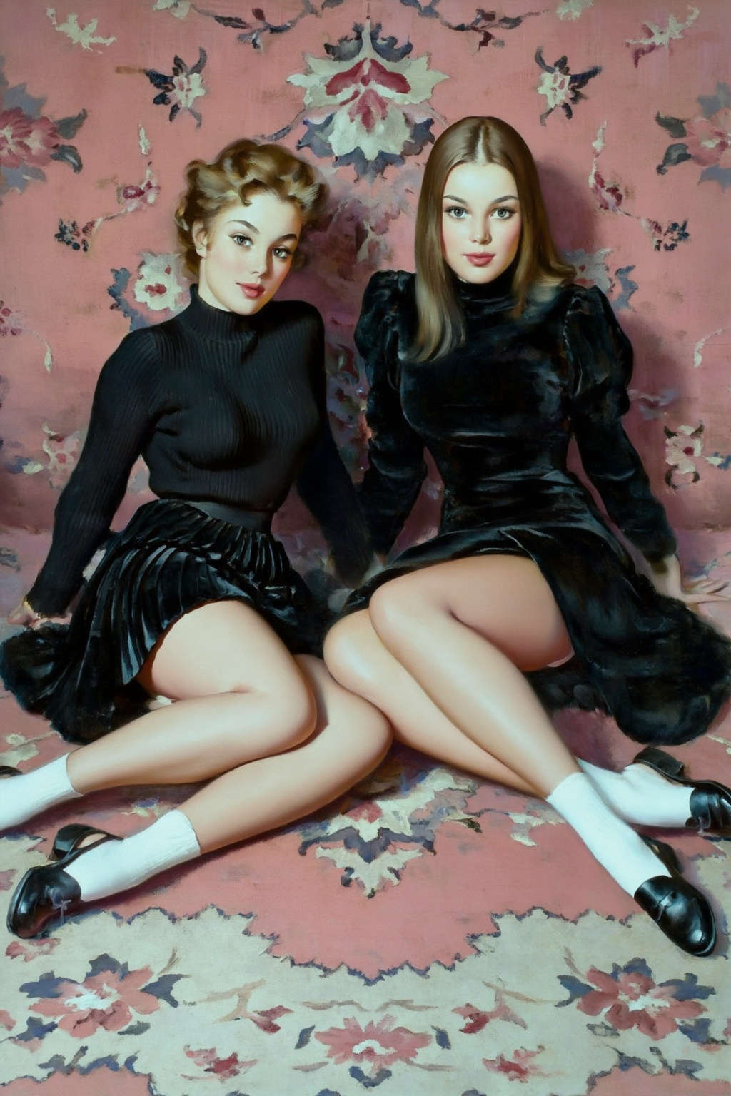 gilelvgren11z illustration. Low-angle full shot captures two young women with light brown hair sitting together on a pink...
