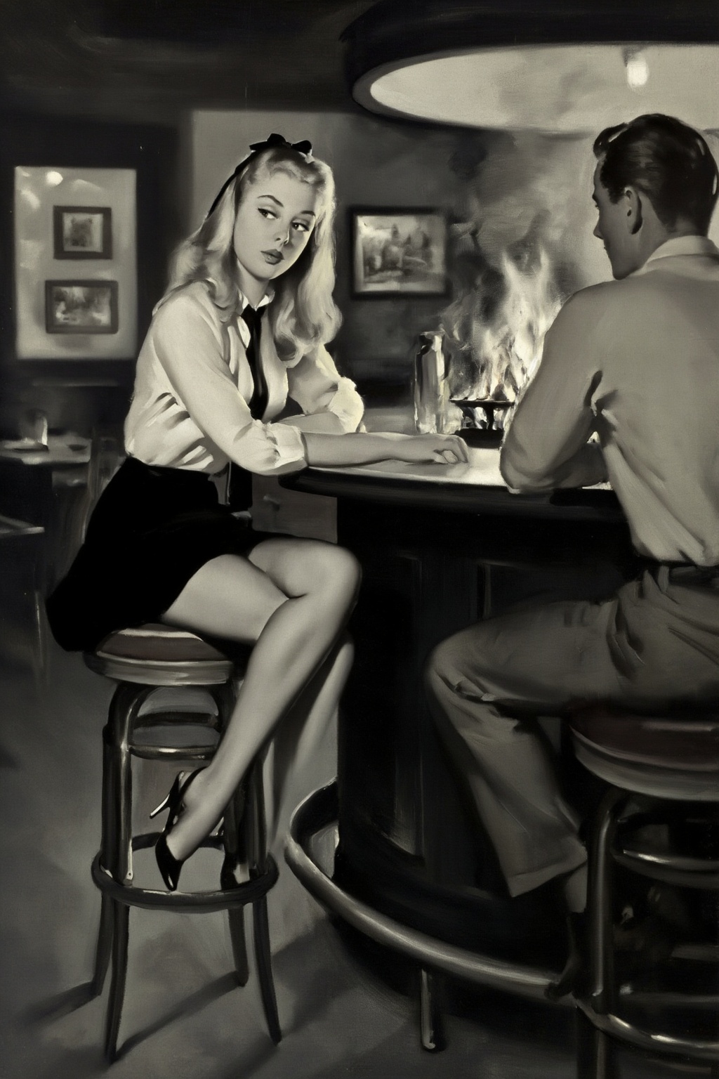 gilelvgren11z illustration. Black-and-white close-up photo. On the left is a bored young woman with long flowing blonde ha...