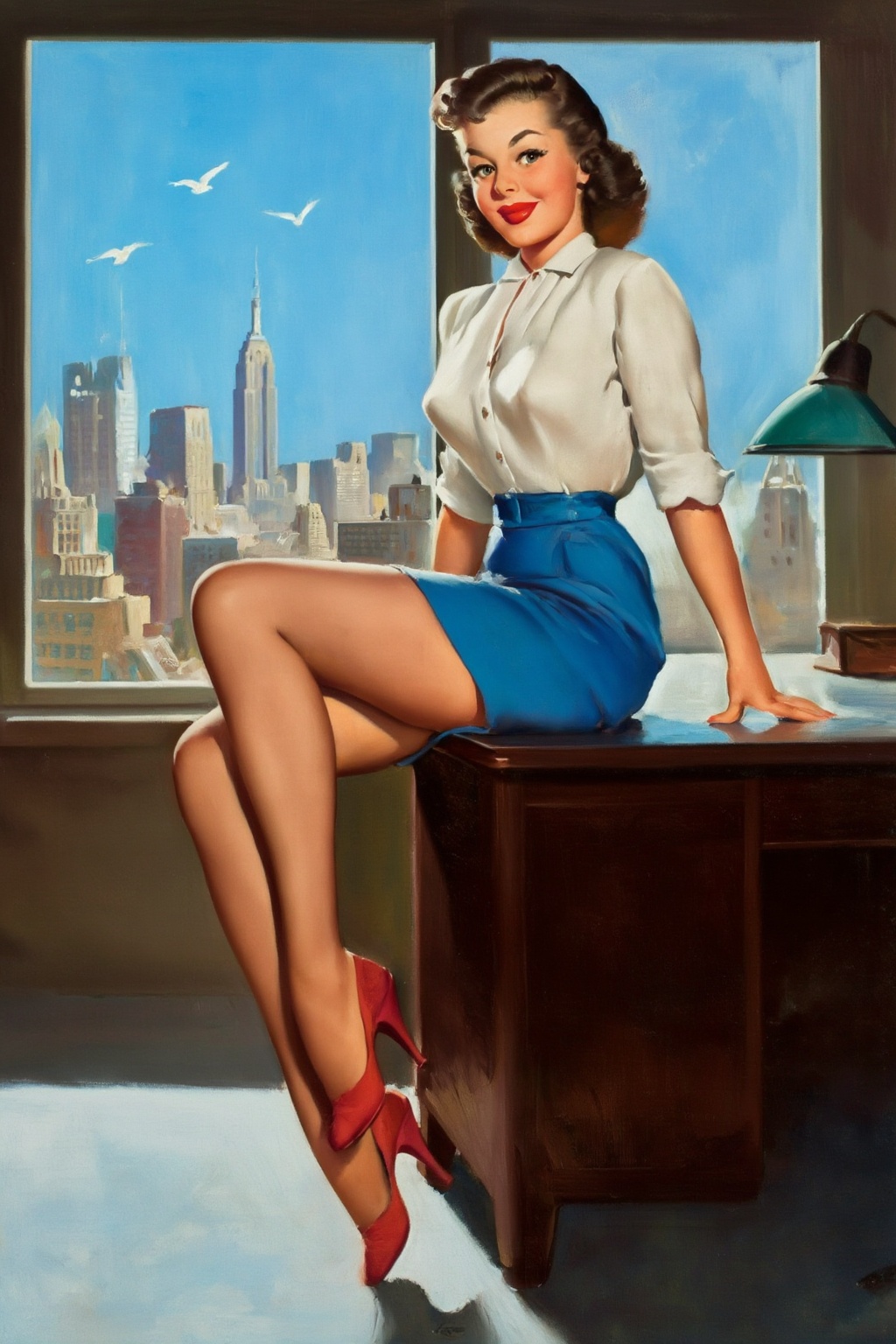 gilelvgren11z illustration. Young woman with dark brown hair styled in a short 1950s wave. She is turning her head side wa...