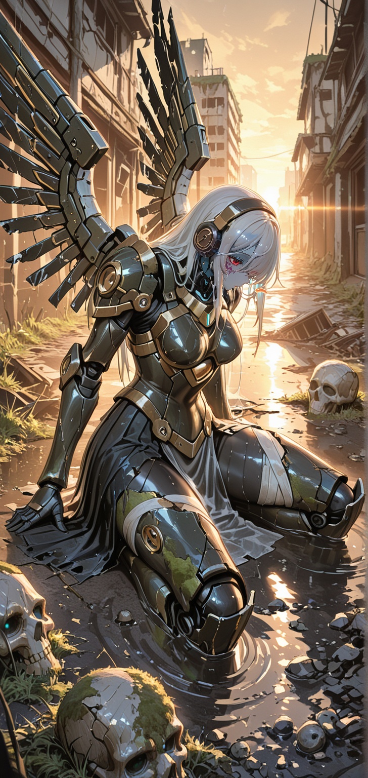 A towering,  fallen angel-themed mecha maiden sits on a desolate road,  leaning heavily on her massive on Tensor.Art