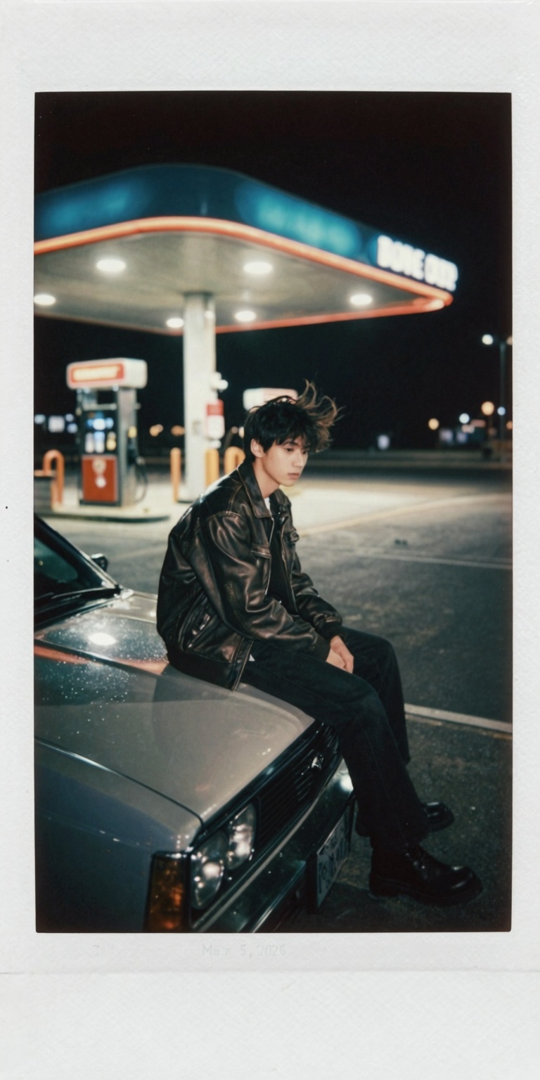 A cinematic Polaroid photograph of a solitary young man sitting on the hood of a vintage car under a glowing gas station c...
