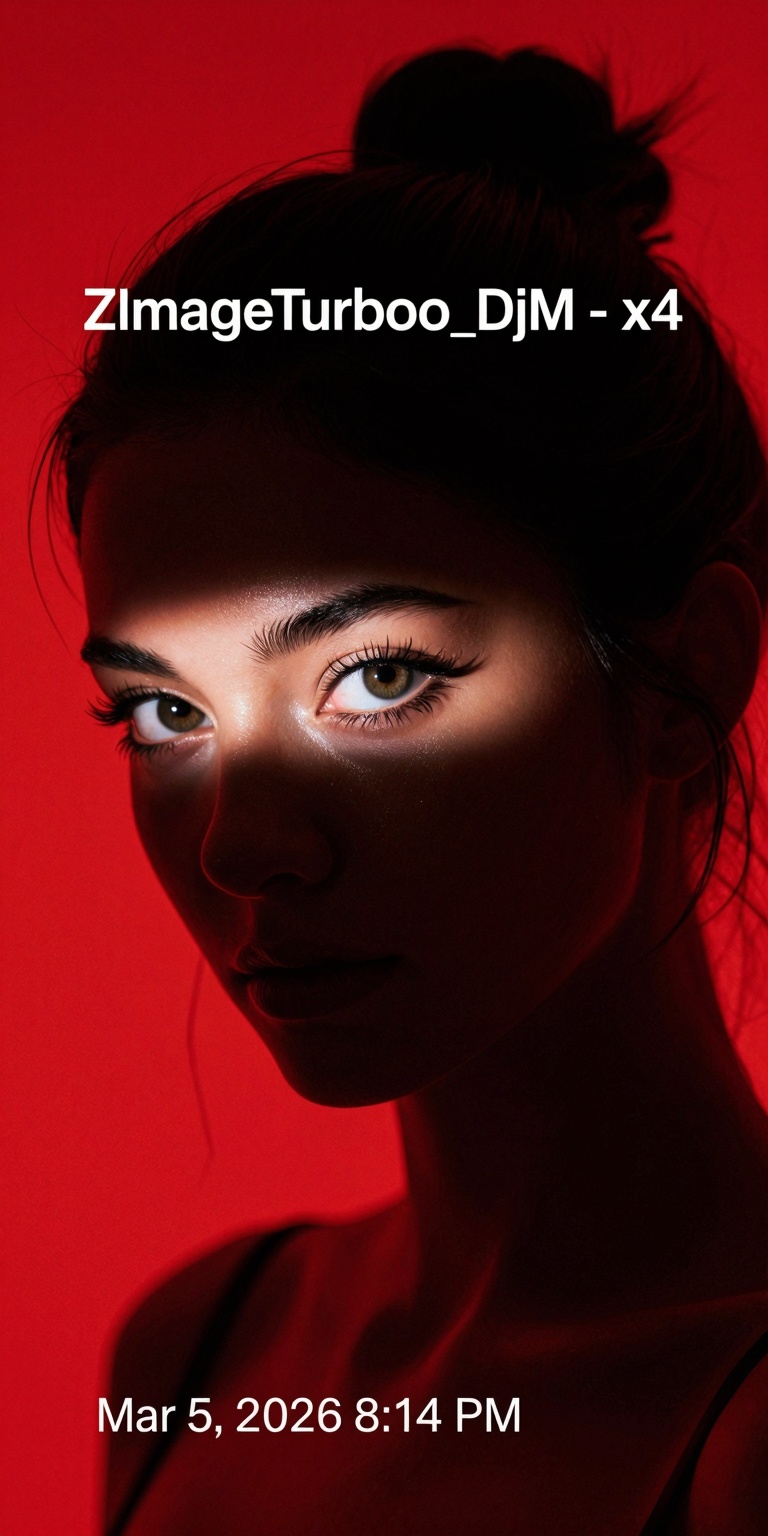 A deeply atmospheric color-noir fashion portrait of a young woman photographed in a studio with a powerful monochromatic r...