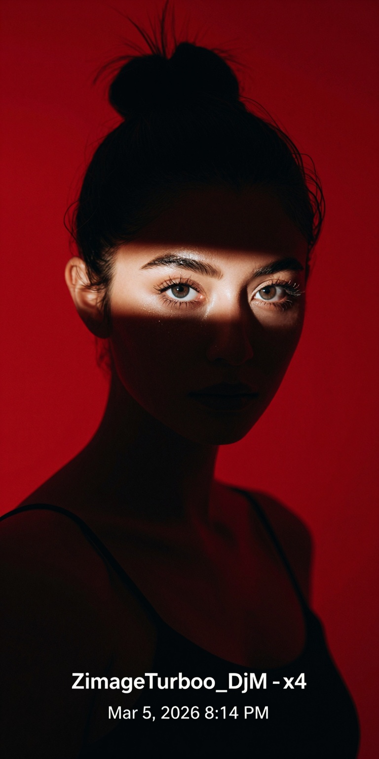 An ultra-detailed minimalist studio portrait emphasizing emotional intensity through light and shadow. A young woman with...