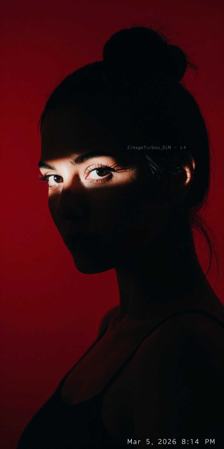 An atmospheric color-noir studio portrait designed with minimalist composition and intense emotional depth,  featuring a c...