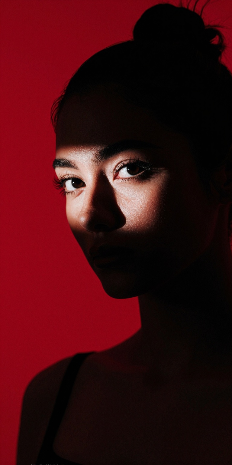 A hyper-realistic color-noir studio photograph featuring an intimate close-up portrait of a mysterious woman standing befo...