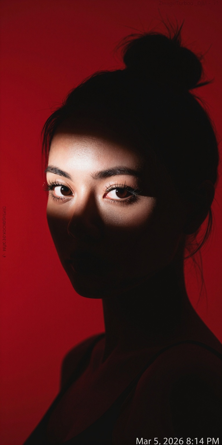A dramatic,  minimalist color-noir portrait photograph capturing a mysterious woman in extreme close-up against an intense...