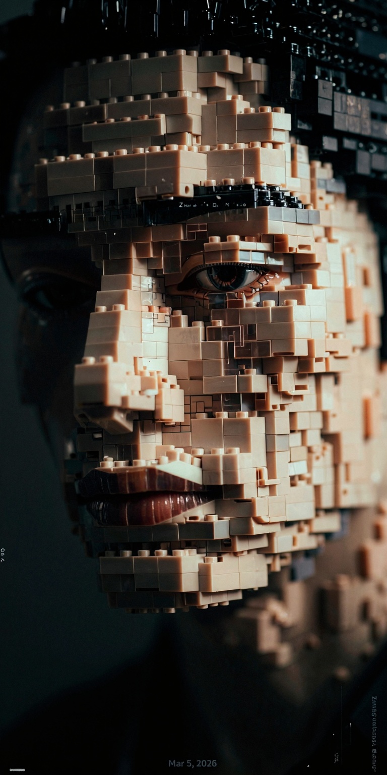 A surreal macro portrait of a contemplative human face sculpted entirely from thousands of tiny building blocks arranged w...