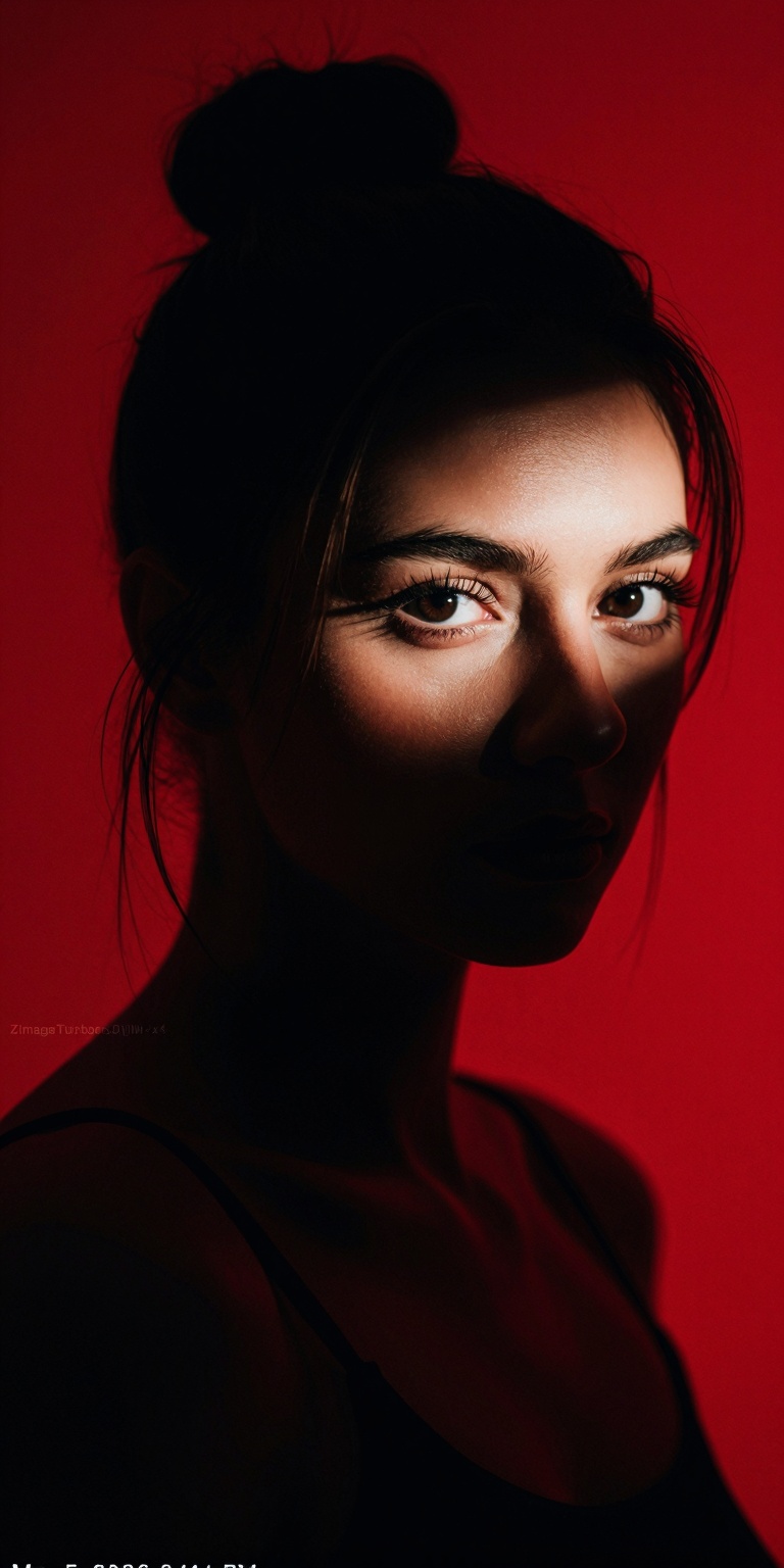 A moody,  hyper-detailed color-noir portrait captured in a minimalist studio environment featuring a close-up photograph o...