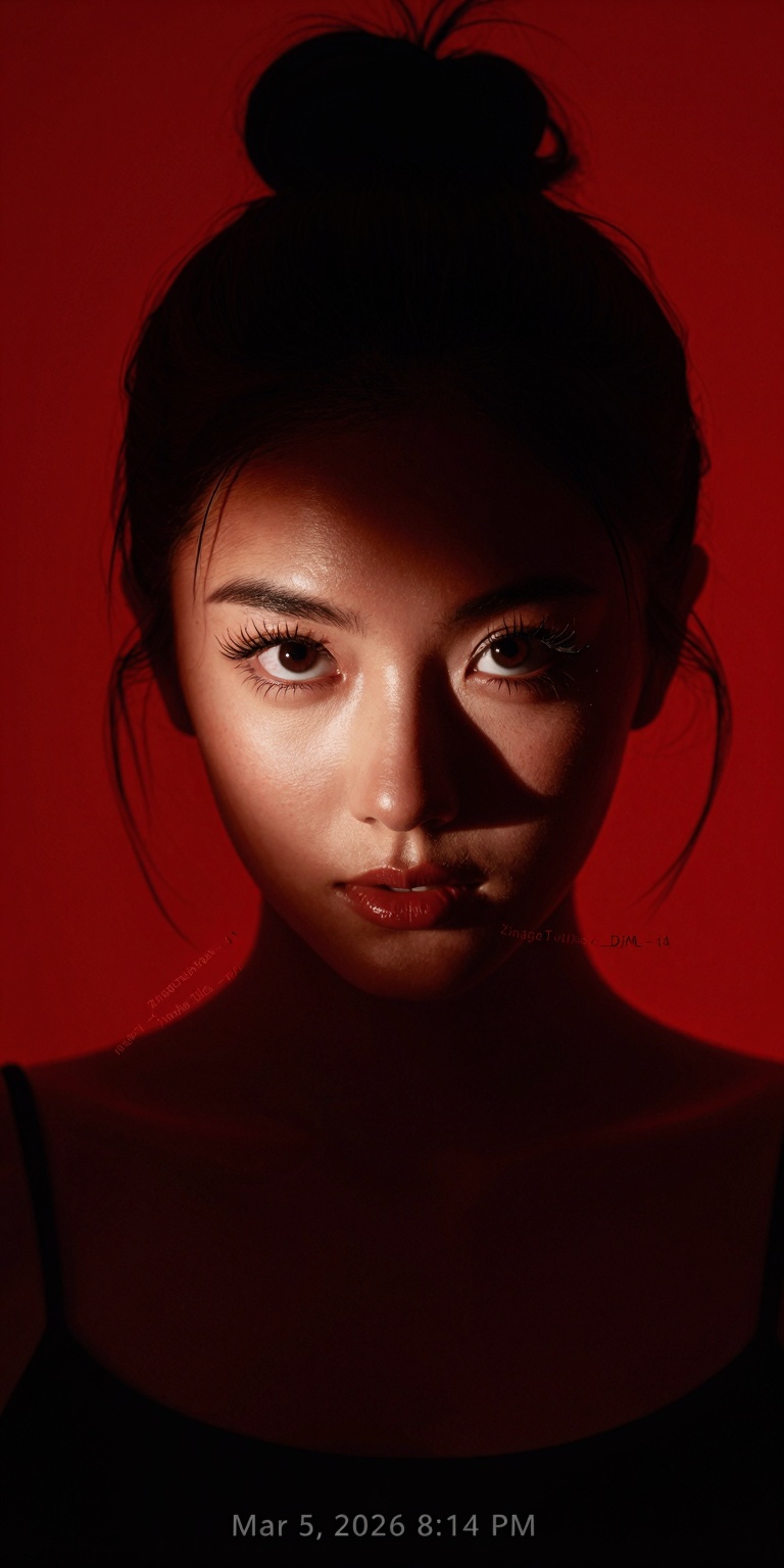 An ultra-cinematic color-noir portrait photograph capturing a striking close-up of a young woman against a bold,  perfectl...