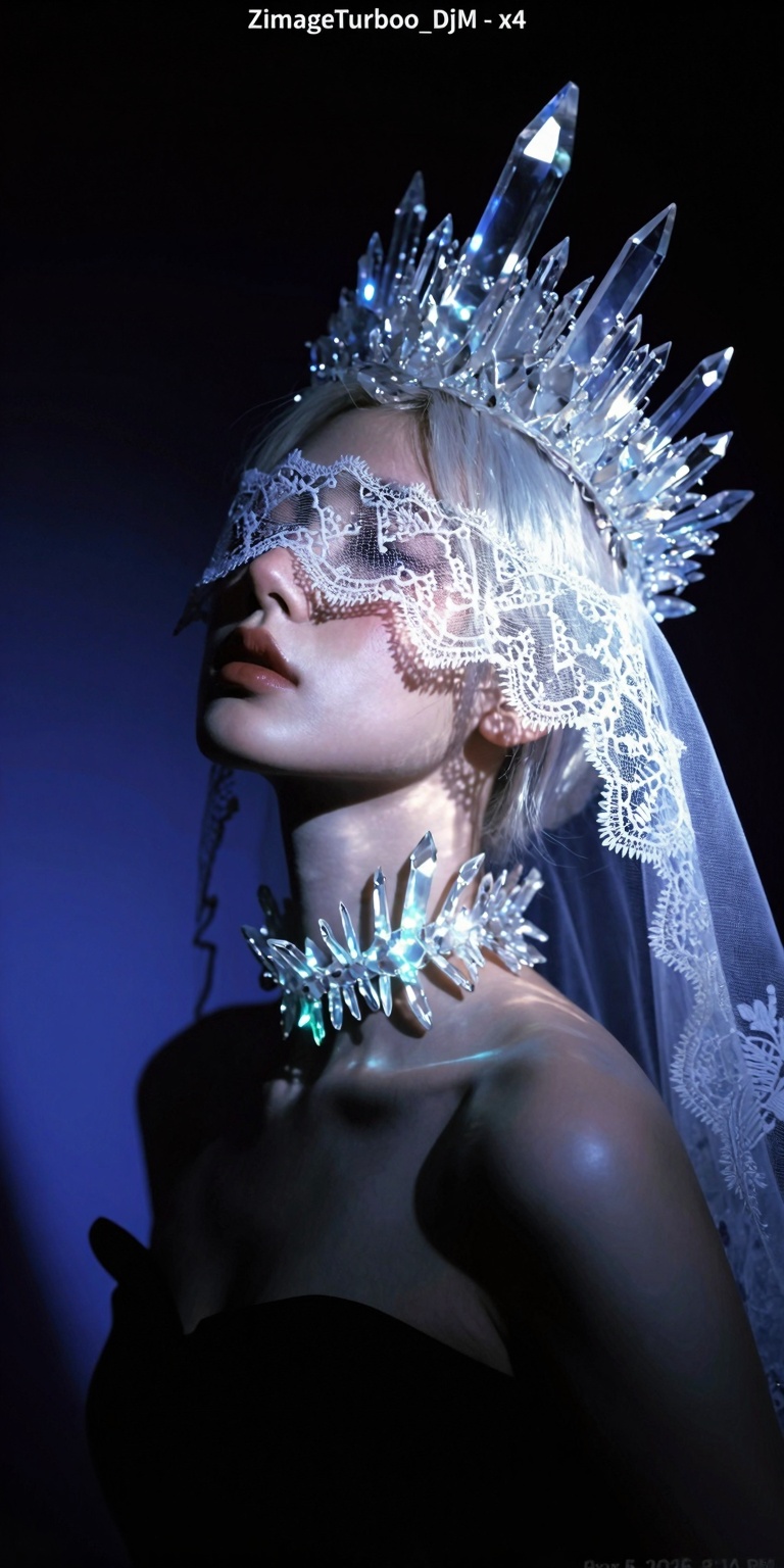 A surreal color-noir fashion photograph depicting an ethereal young person with alabaster skin and short platinum-blonde h...