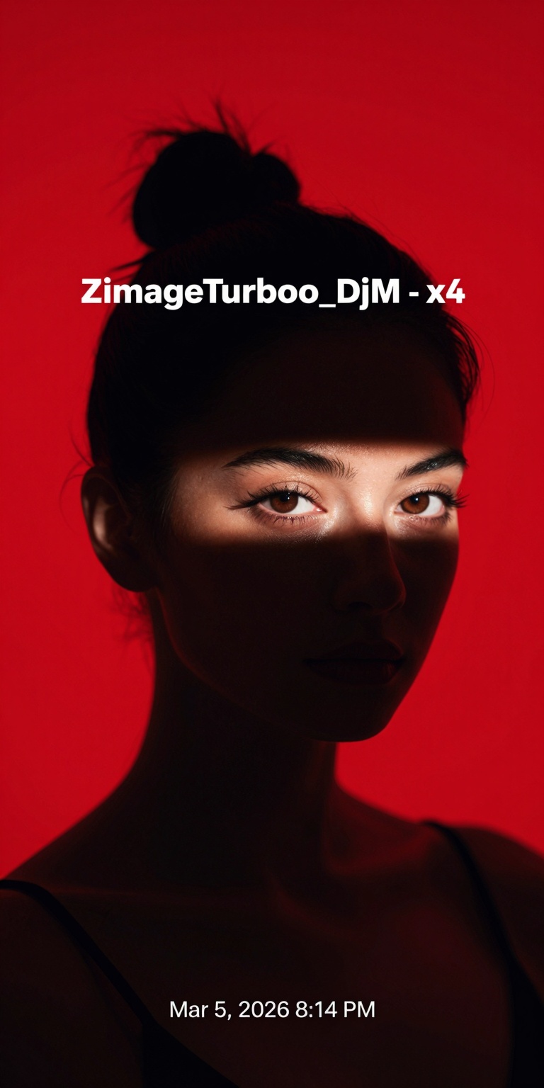 An ultra-high-detail artistic portrait photograph inspired by minimalist color-noir photography. A young woman stands befo...