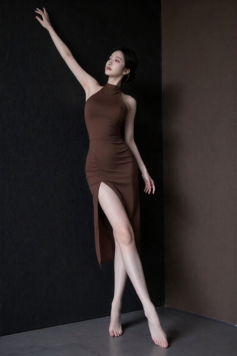 Photograph of a slender,  fair-skinned Asian woman with black hair in a bun,  standing against a dark on Tensor.Art