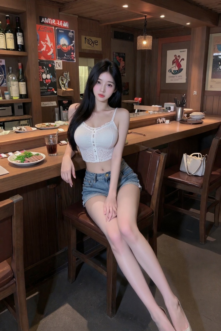 photograph of a young asian woman with long,  straight black hair and fair skin,  sitting at a wooden bar counter in a coz...