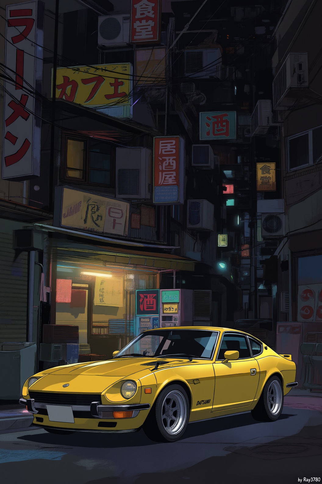 80s Japanese full colored manga illustration of a Yellow tuned 1973 DATSUN 240Z,  lightly tuned street setup,  clean class...