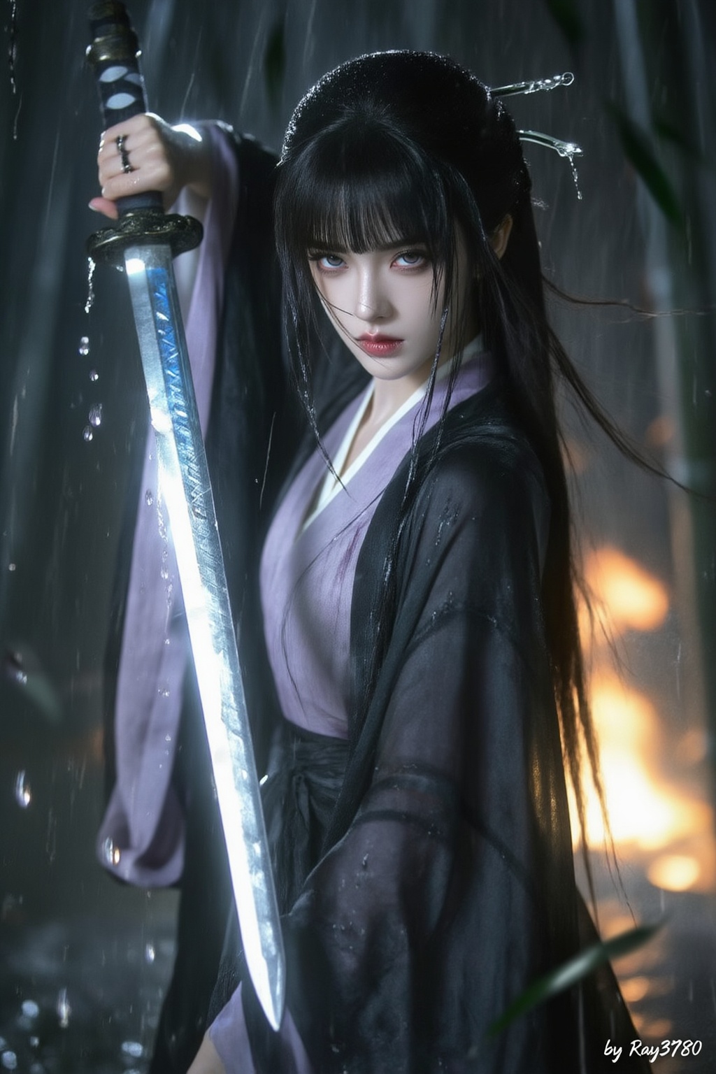 胶片摄影下的竹林女侠,  汉服勾勒出绝美身形,  异域眉眼深邃如幽潭。珠光墨发倾泻 on Tensor.Art