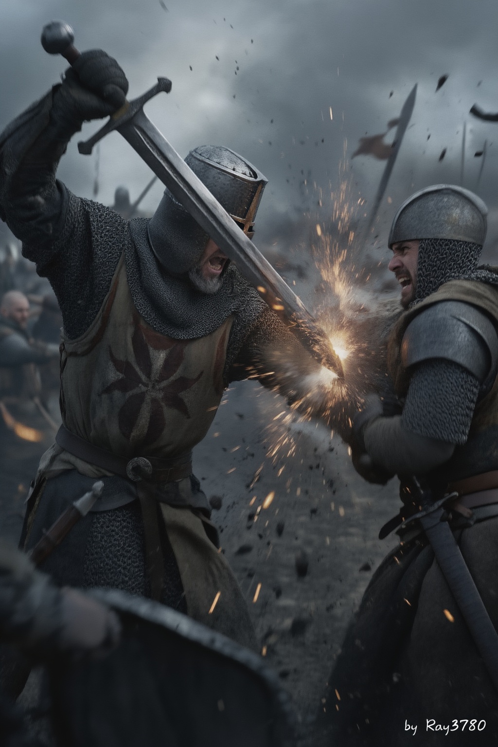 Hyper-realistic medieval fight scene at the moment of violent impact. A powerful knight swings his sword in full force,  t...
