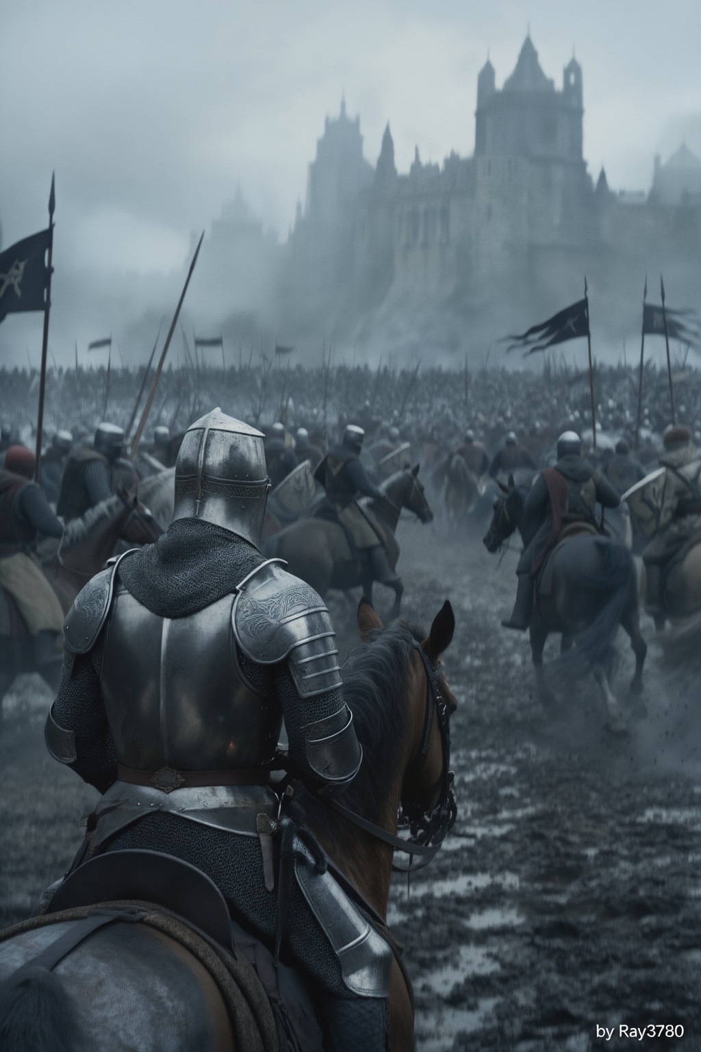 POV shot from behind a medieval knight riding a warhorse,  polished silver plate armor with engraved details,  slightly we...