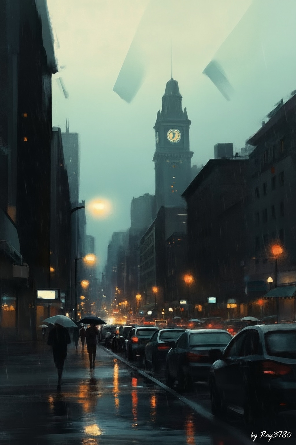 The image depicts a rainy urban scene at night. The foreground shows a wet street reflecting the lights from the street la...