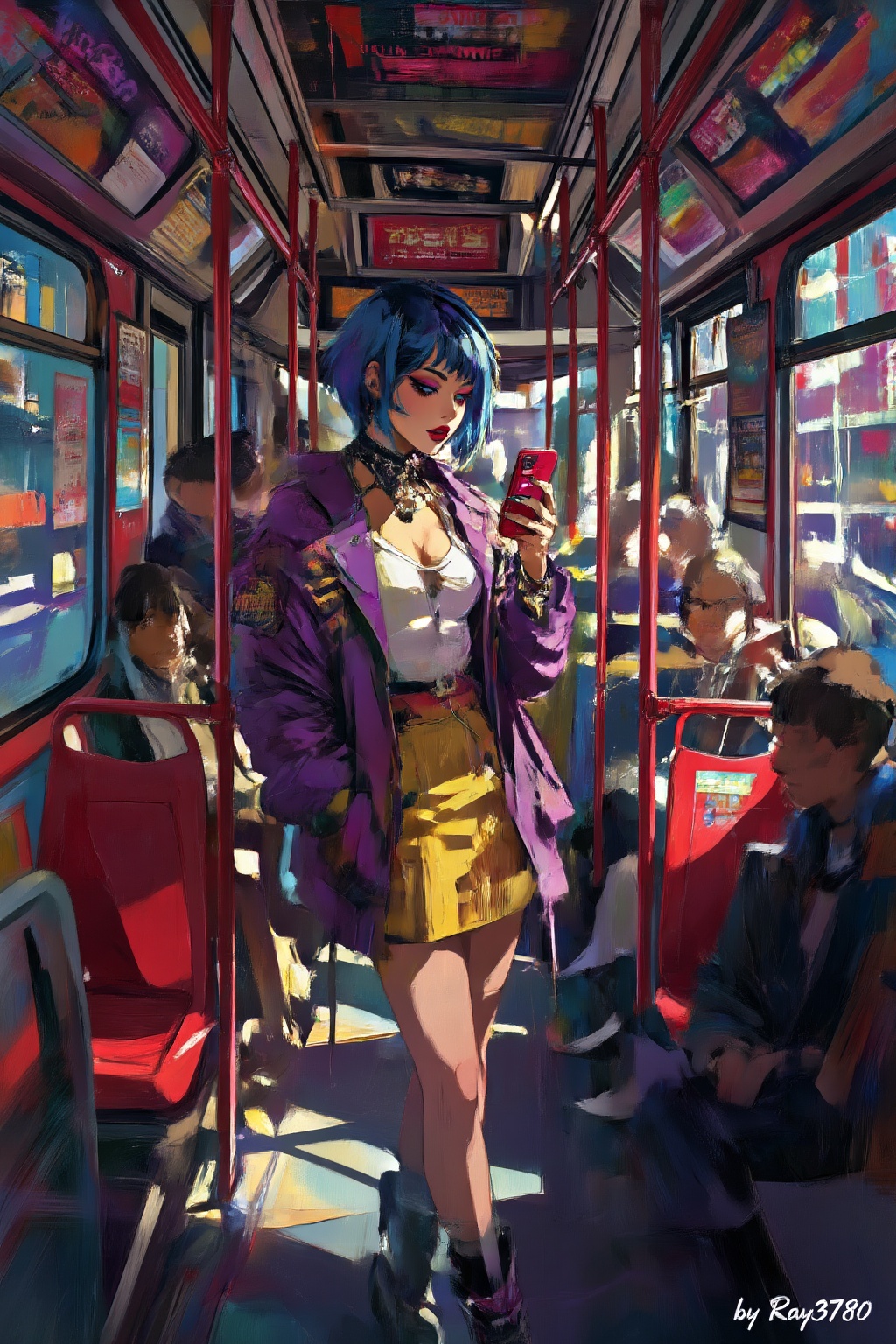 赛博朋克都市厚涂插画风格,  高饱和度色彩,  强烈明暗光影对比。场景为红色内饰的公交车车厢 on Tensor.Art