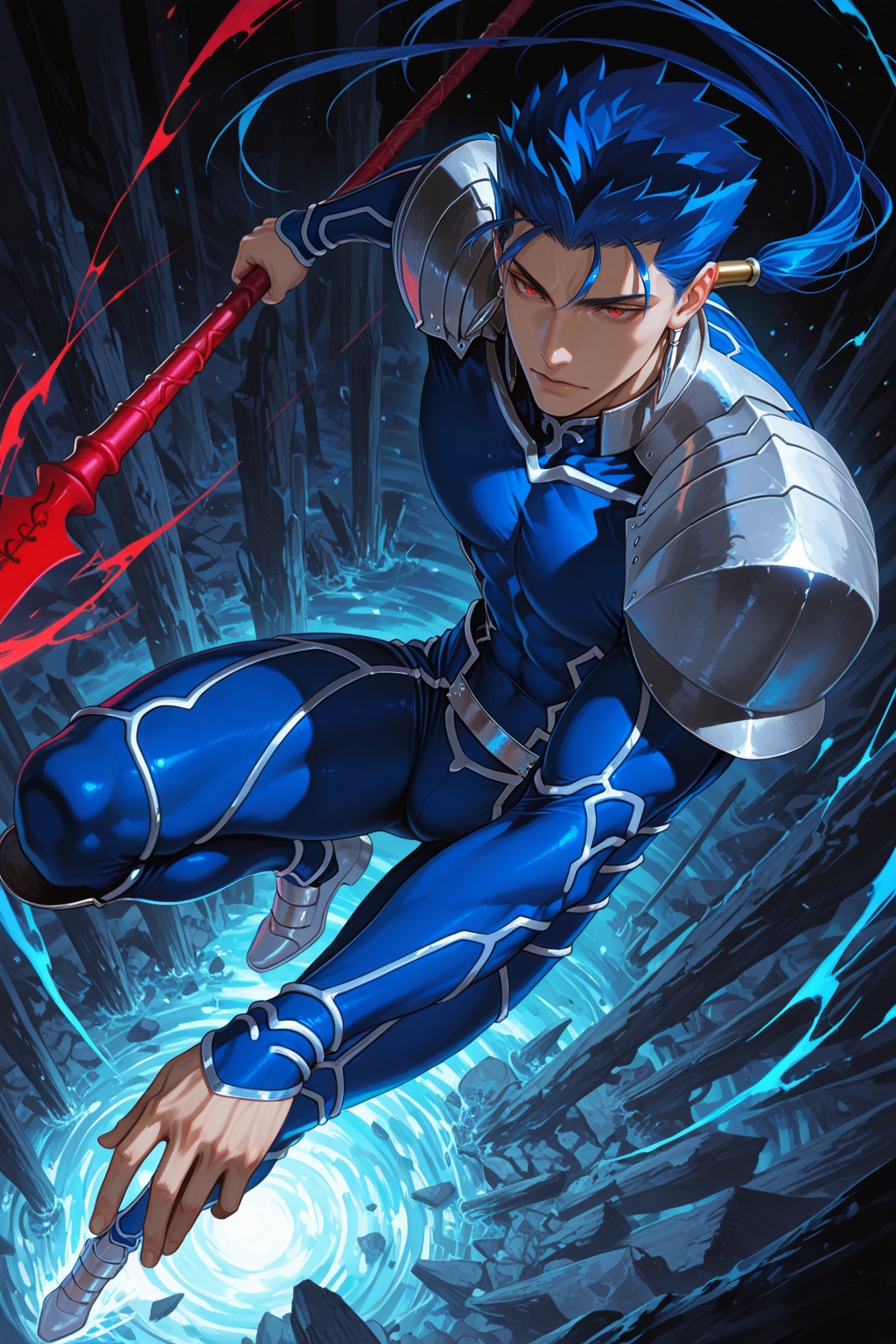 masterpiece, best quality, very aesthetic,
cu chulainn (fate/stay night),1boy, solo,red eyes, blue hair, long hair, ponytail,spiked hair, armor, pauldrons, greaves, shoulder armor,white footwear, skin tight, holding weapon, spear,Dynamic pose with foreshortening, Enchanting Eyes