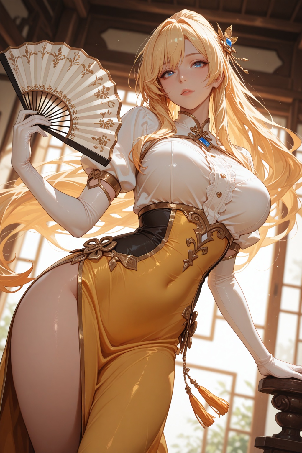 masterpiece, best quality, detailed, depth of field, , high detail, best quality, very aesthetic, 8k, dynamic pose, depth of field, dynamic angle, *****, aged up, (darkness \(konosuba\), 1girl, solo, long hair, looking at viewer, blue eyes, blonde hair, hair ornament, gloves, dress, hat, holding, heart, elbow gloves, white gloves, blurry, symbol-shaped pupils, blurry background, heart-shaped pupils, x hair ornament, hand fan, folding fan, holding fan, yellow dress:0.5) masterwork, 