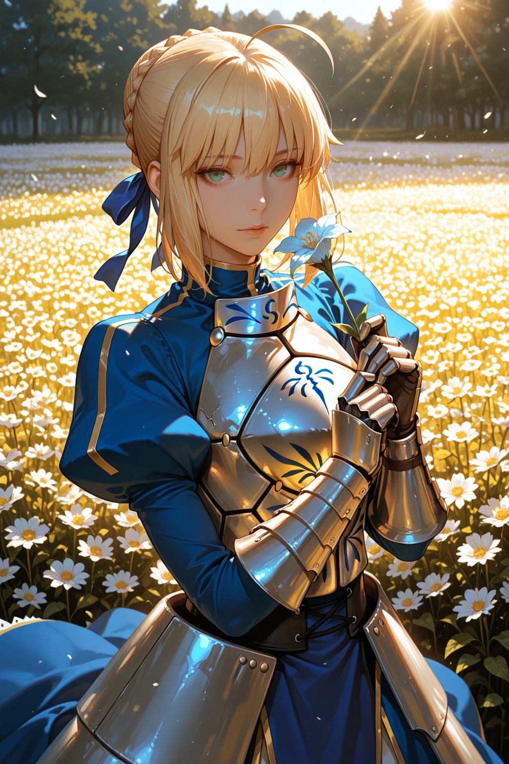 masterpiece, best quality, amazing quality,
cinematic lighting, (blurred background), (dramatic lighting), (field of flowers, day, clear day, rays of sunshine, open field), 1 girl, solo, woman, flower in hand, (a look of devotion, looking at viewer), artoria pendragon (fate), saber (fate), blonde hair, green eyes, ahoge, hair ribbon, blue ribbon, french braid, braided bun, single hair bun, short hair, sidelocks, turtleneck, blue dress, breastplate, armored dress, long sleeves, juliet sleeves, gauntlets, smelling flowers,