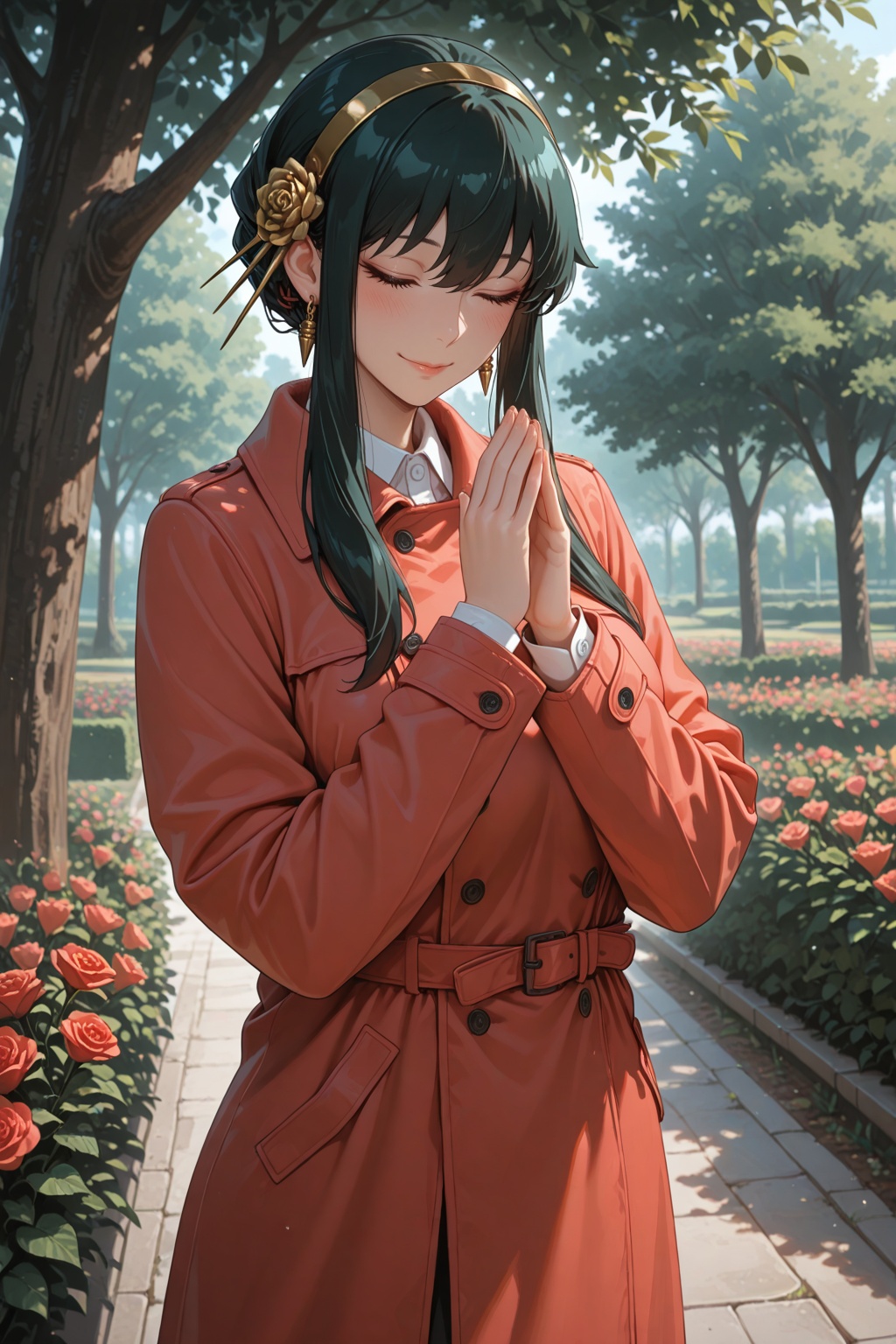 masterpiece, best quality, very aesthetic, amazing quality, absurdres, newest, simple backgroun, 1girl, solo,
yor briar \(spy x family\), outdoors, closed eyes, own hands together, hair ornament, flower, smile, tree, coat, jacket, long sleeves, closed mouth, depth of field