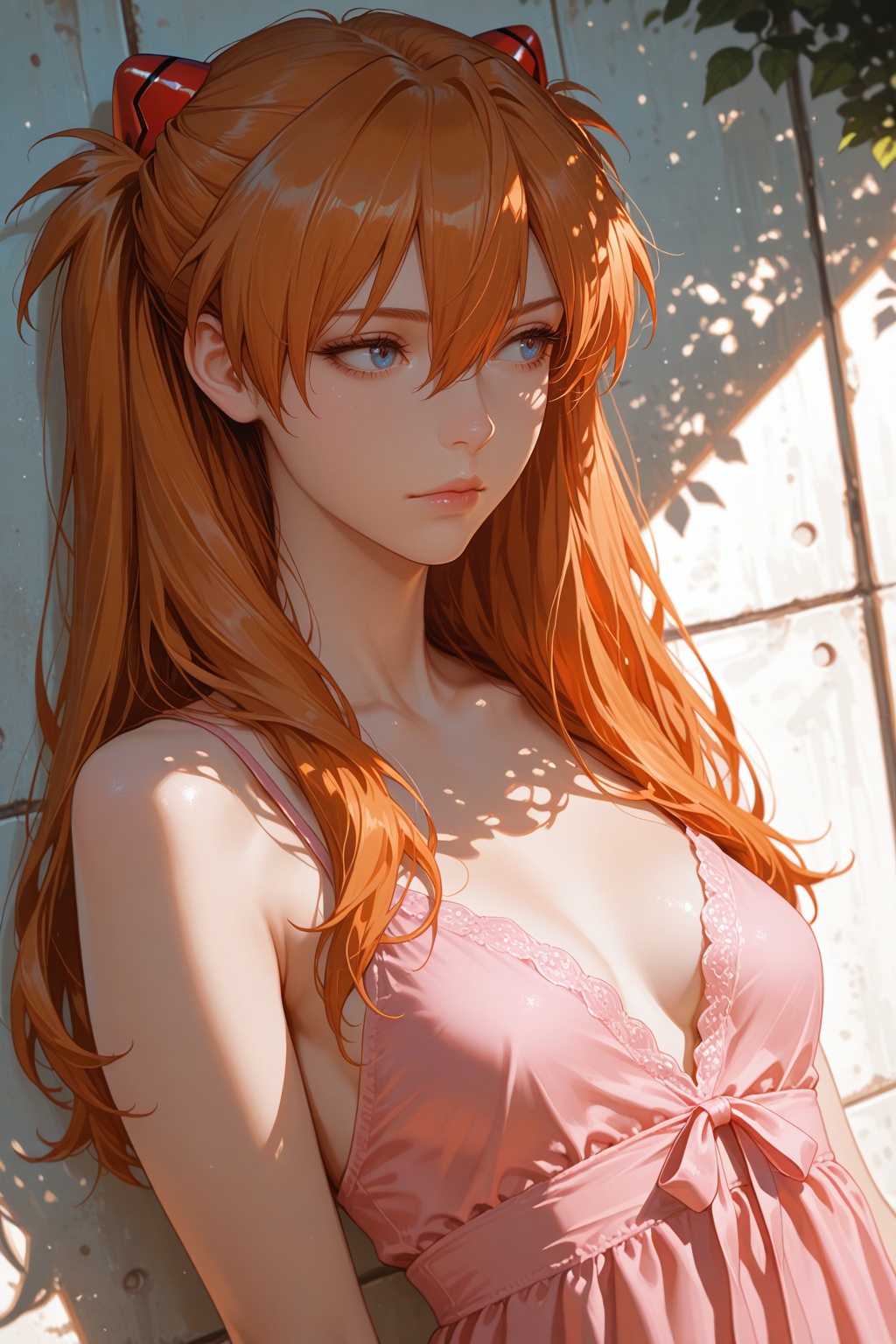 masterwork, masterpiece, best quality, detailed, depth of field, , high detail, best quality, very aesthetic, 8k, dynamic pose, depth of field, dynamic angle, *****, aged up, souryuu asuka langley, 1girl, solo, long hair, breasts, blue eyes, hair ornament, dress, hair between eyes, closed mouth, bare shoulders, upper body, small breasts, orange hair, looking to the side, lips, shadow, sunlight, pink dress, shade, dappled sunlight, interface headset:0.5) 