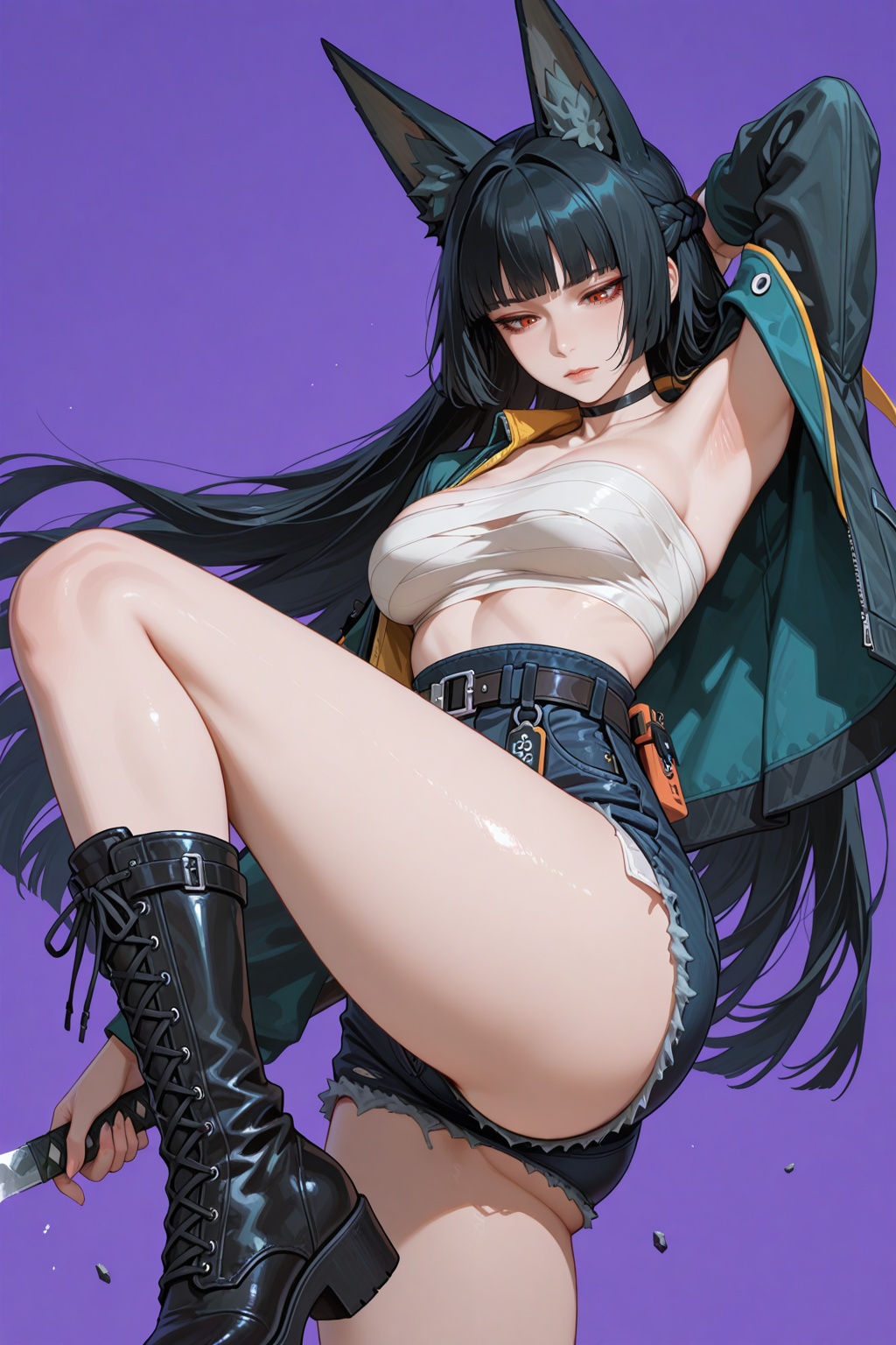 (1girl, solo, masterpiece, best quality, very aesthetic, amazing quality, absurdres, newest, simple background), BREAK, 
Hoshimi Miyabi \(Zenless Zone Zero\), long_hair, breasts, looking_at_viewer, bangs, black_hair, red_eyes, long_sleeves, animal_ears, medium_breasts, closed_mouth, standing, jacket, ass, braid, thighs, boots, open_clothes, shorts, choker, belt, blunt_bangs, armpits, black_footwear, arm_up, open_jacket, black_jacket, fox_ears, short_shorts, strapless, black_choker, looking_down, black_shorts, leg_up, from_below, standing_on_one_leg, denim, french_braid, cross-laced_footwear, purple_background, denim_shorts, sarashi, lace-up_boots, tube_top, cutoffs, chest_sarashi