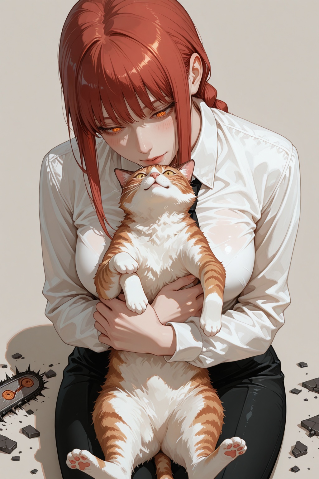  masterpiece, best quality, very aesthetic, amazing quality, absurdres, newest, 1girl, solo, simple background, BREAK, 
makima \(chainsaw man\), holding cat, head tilted, blush, deadly cutiness, sunpuddle, sunrise