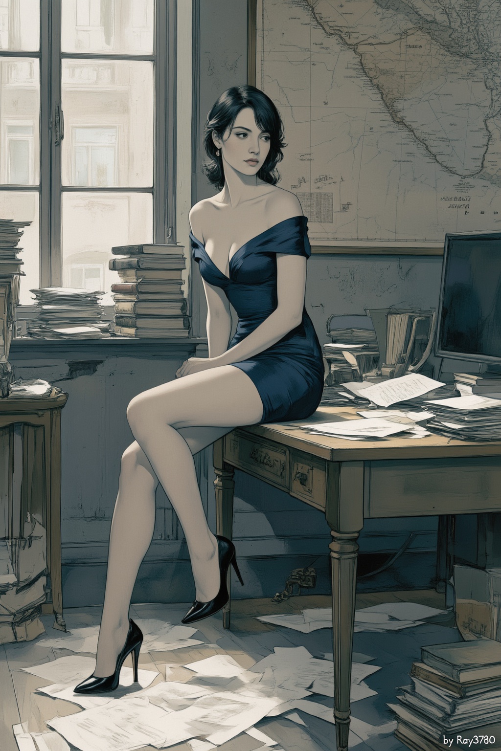 Igor风格插画,  一位肤色白皙、黑发的女子,  身着深蓝色露肩深V领连衣裙 on Tensor.Art
