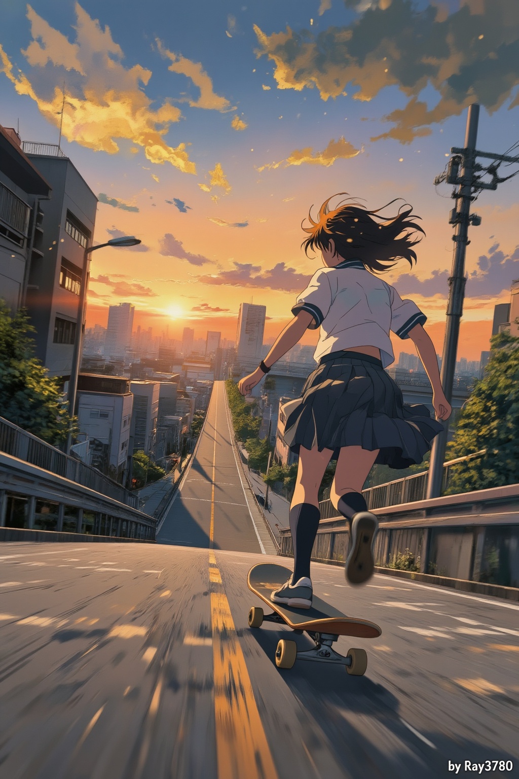 Japanese anime movie style inspired by Makoto Shinkai. A high school girl rides a skateboard down a long,  steep city slop...