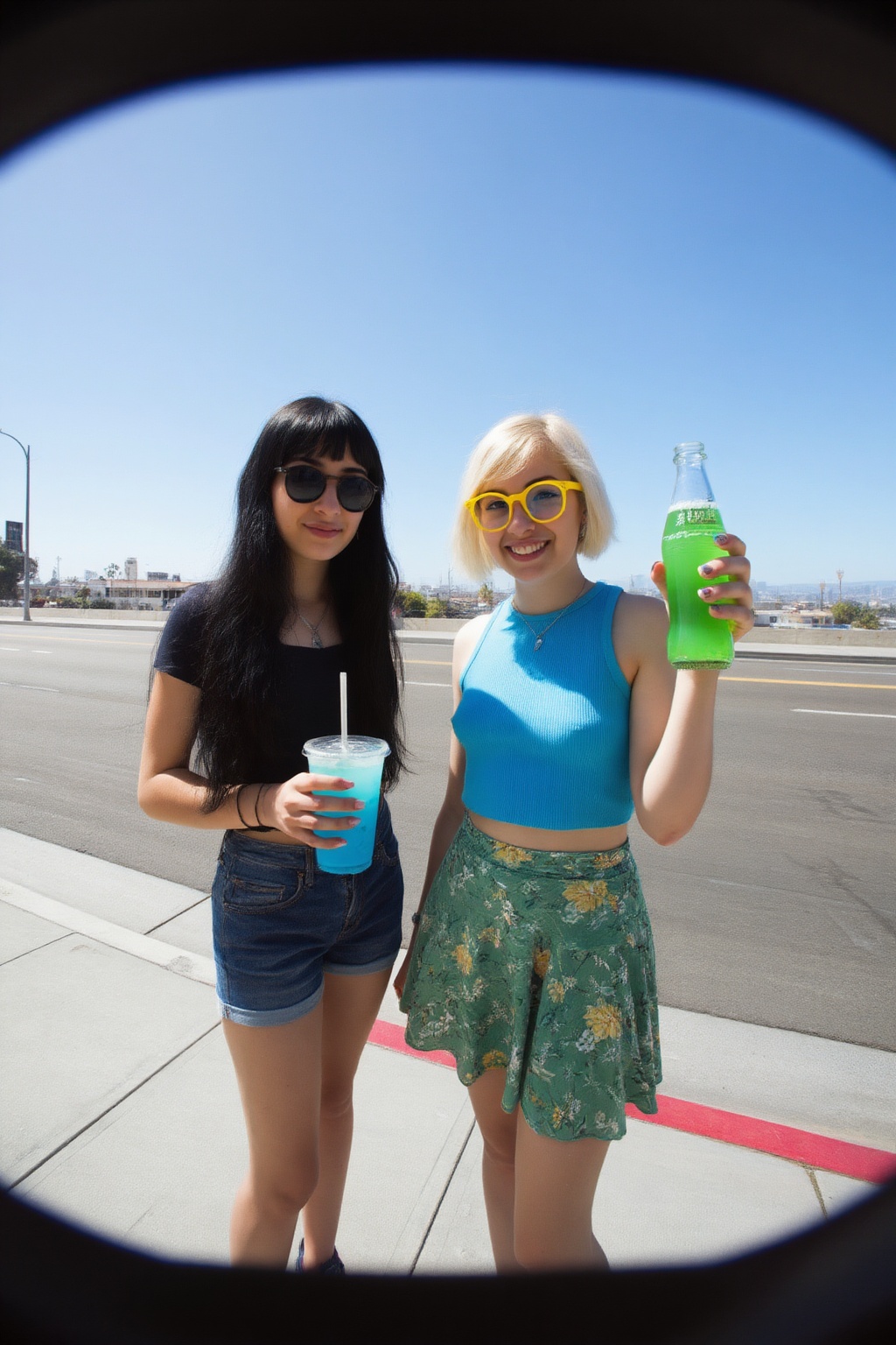 In the photo,  two young women stand on a sidewalk in Los Angeles. One has long black hair,  wears sunglasses on Tensor.Art