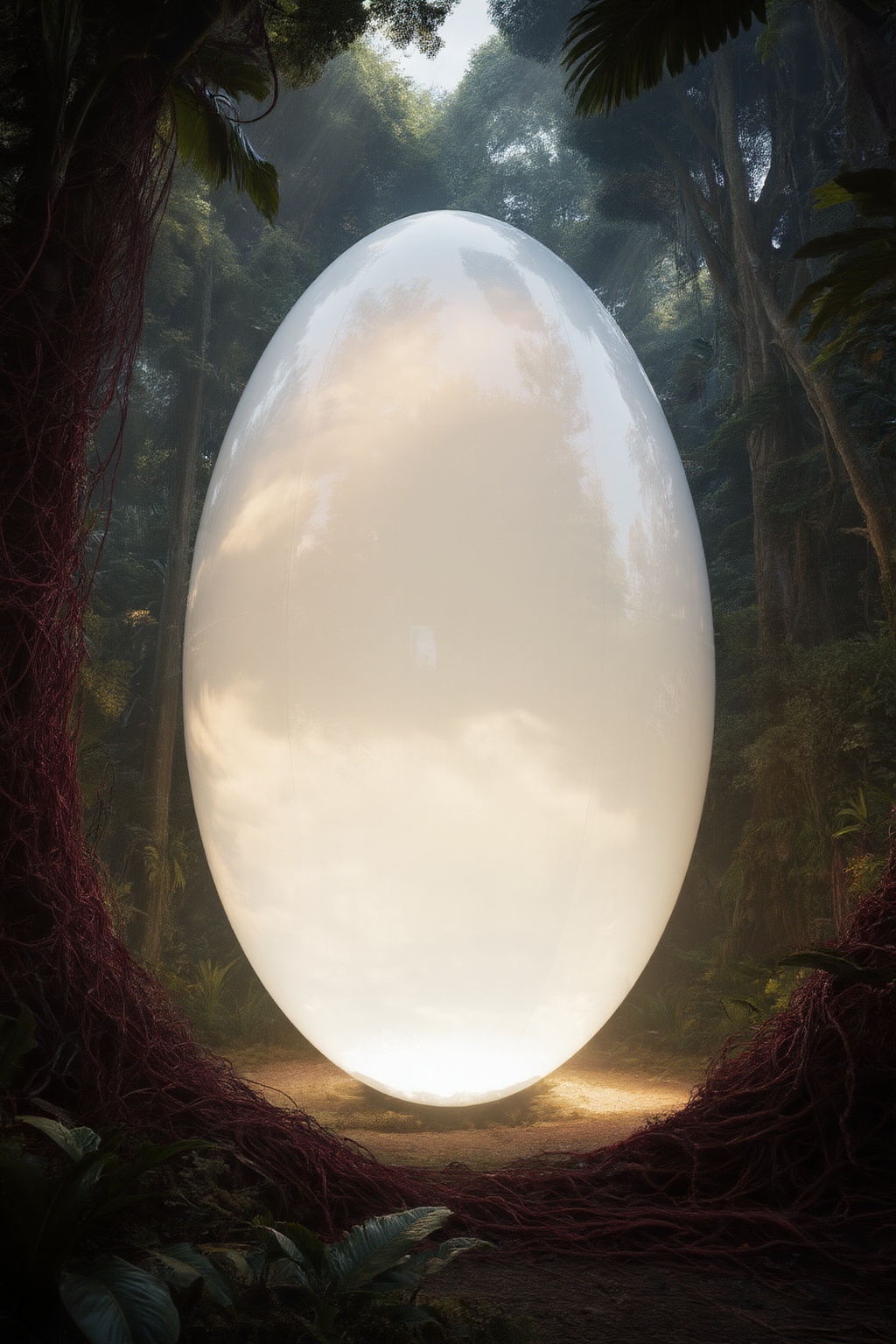 A gigantic ultra-white semi-transparent oval egg-shaped spaceship standing alone on the ground,  smooth reflective surface...