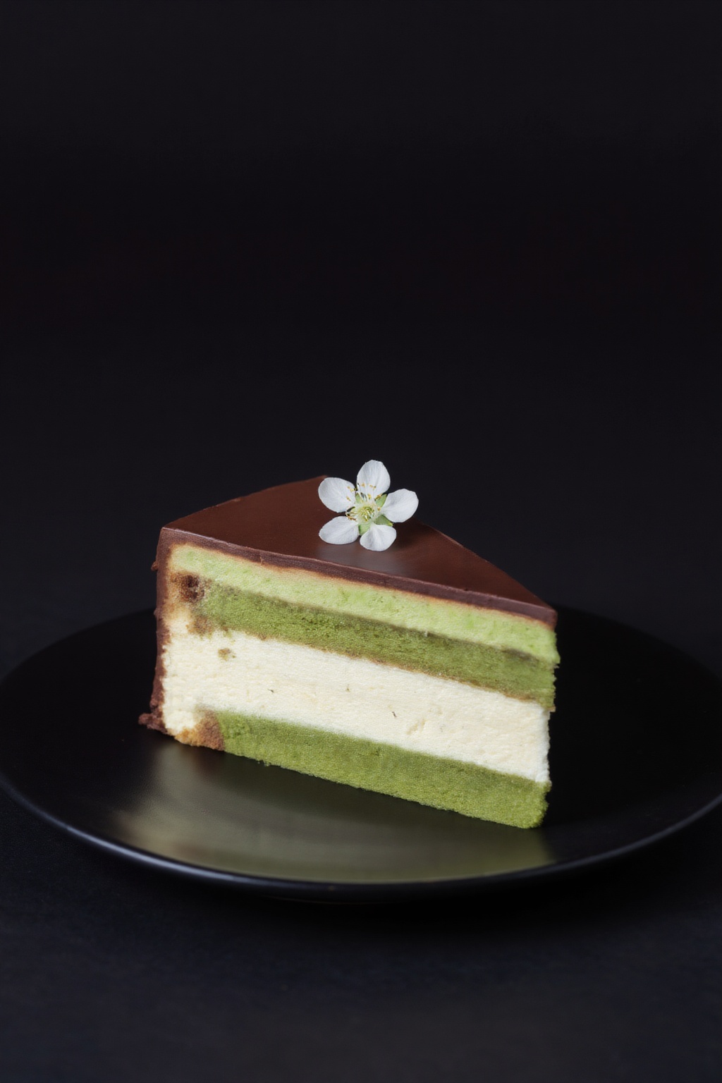 a slice of cake with chocolate,  green tea,  and vanilla cream on a black plate. a small white flower is placed in the cen...