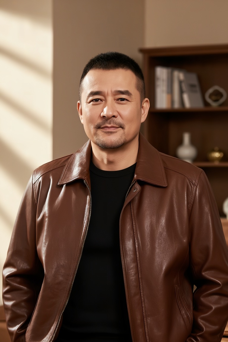 立军,
A middle-aged man with a sharp cut, a faint dark stubble on his lips and chin, and a calm and gentle expression. He was wearing a finely textured brown glossy leather jacket with a simple black top underneath. The zipper of the jacket was slightly opened, revealing the edges of the lining. The background is a warm indoor home scene, with a wooden bookshelf on one side, on which books and decorative ornaments are arranged in a staggered manner. Soft warm light shines through the wall with alternating light and shadow, creating a relaxed and comfortable atmosphere for the entire picture.