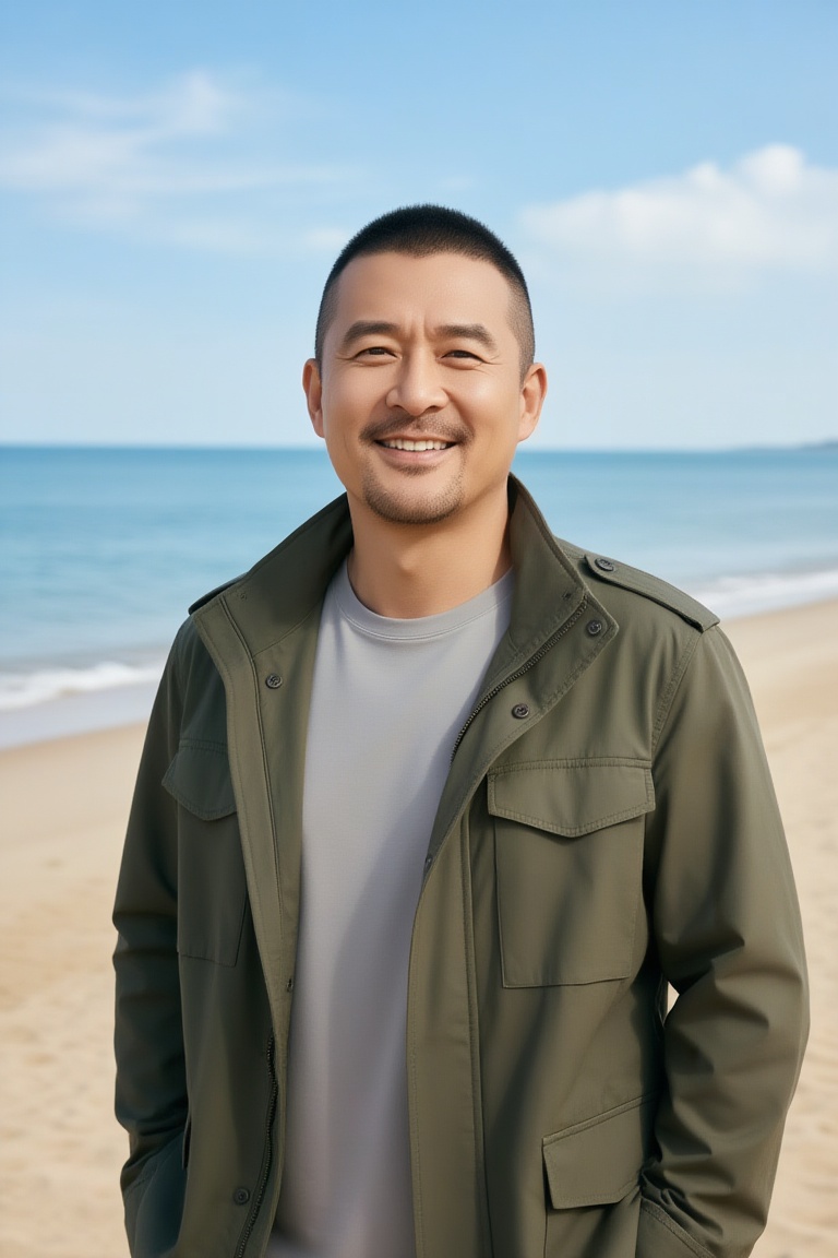 立军,A man with very short hair is standing on a beach. He wears an olive green jacket over a light gray T - shirt. He has a warm and pleasant expression

exuding a relaxed and cheerful temperament. The background features a sandy beach

a calm blue sea

and a clear sky with a few wispy clouds

creating a peaceful coastal atmosphere.

