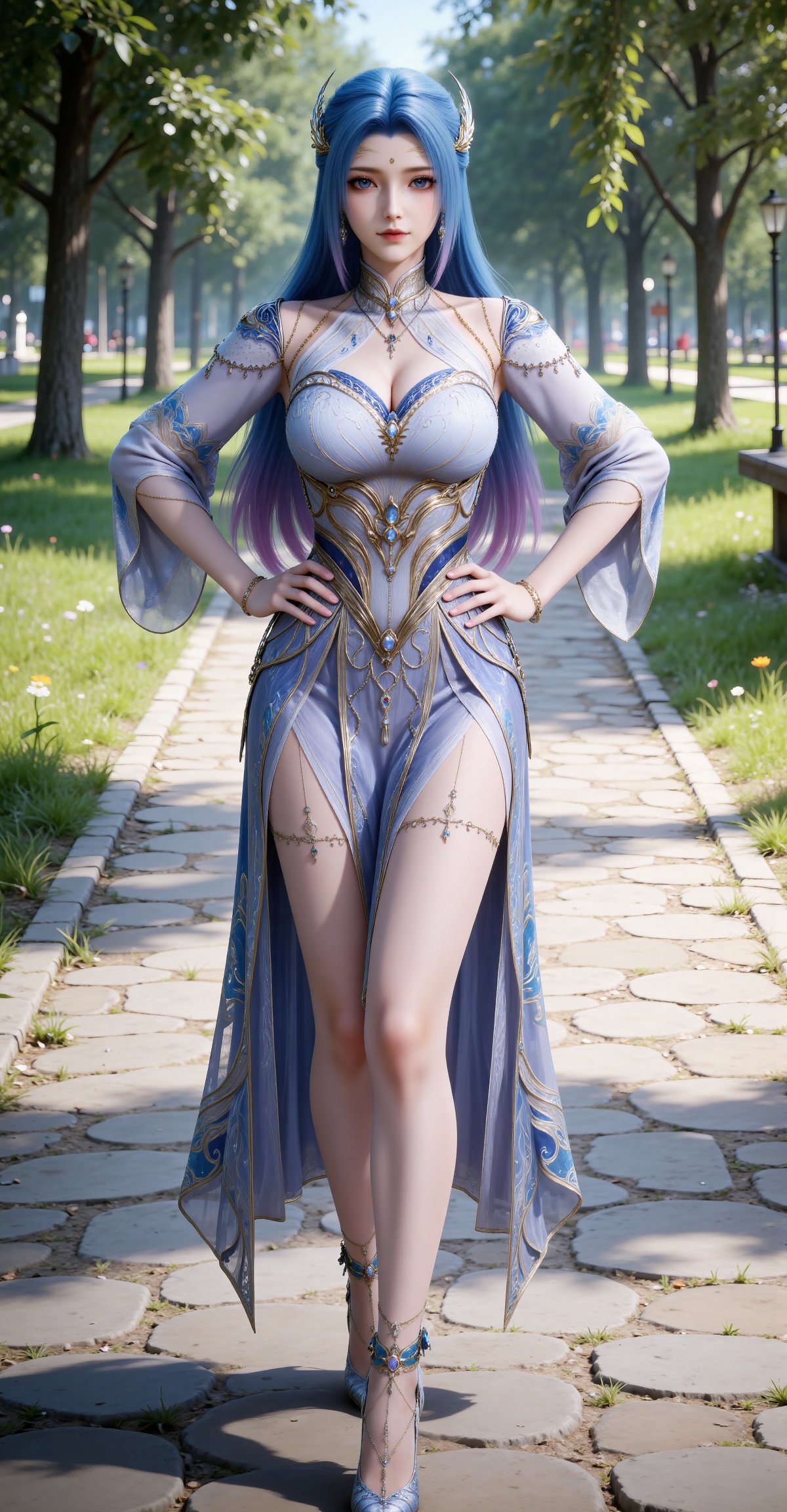 
4K,masterpiece,best quality,very aesthetic,lvjing,
blue hair, long hair, blue eyes, multicolored hair, gradient hair, pink hair, large breasts, forehead mark, tangwutong blue and white dress, cleavage cutout, detached sleeves, necklace, hair_ornament, anklet, bracelet, high_heels, 1girl, hands on own hips, jewelry, outdoors, solo, full body, looking at viewer, cleavage, earrings, standing, thighlet, tree