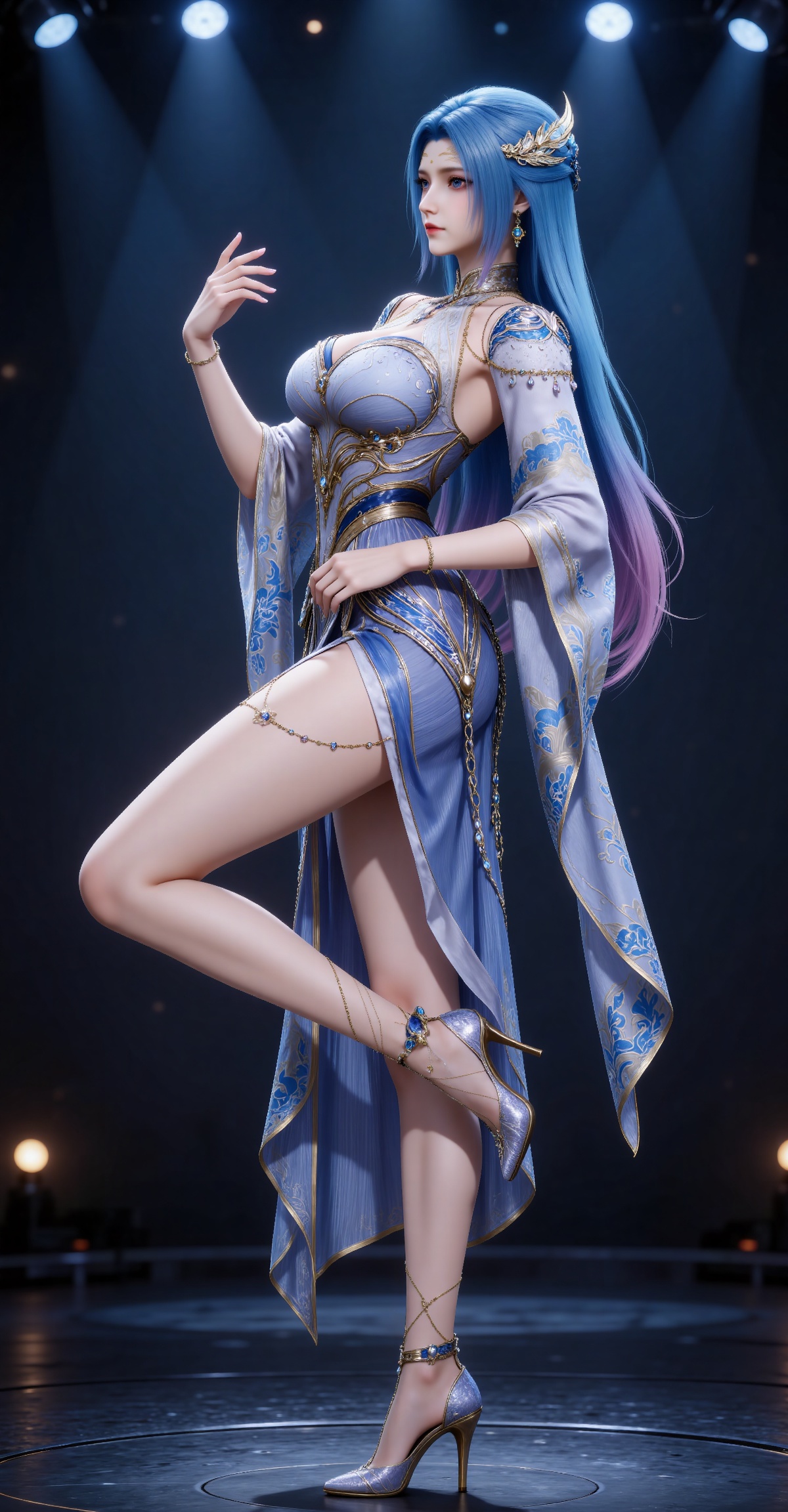 
4K,masterpiece,best quality,very aesthetic,lvjing,
blue hair, long hair, blue eyes, multicolored hair, gradient hair, pink hair, large breasts, forehead mark, tangwutong blue and white dress, cleavage cutout, detached sleeves, necklace, hair_ornament, anklet, bracelet, high_heels, 1girl, solo, standing on one leg, full body, jewelry, standing, earrings, from side, leg up, legs, profile, stage lights, stage, bare legs