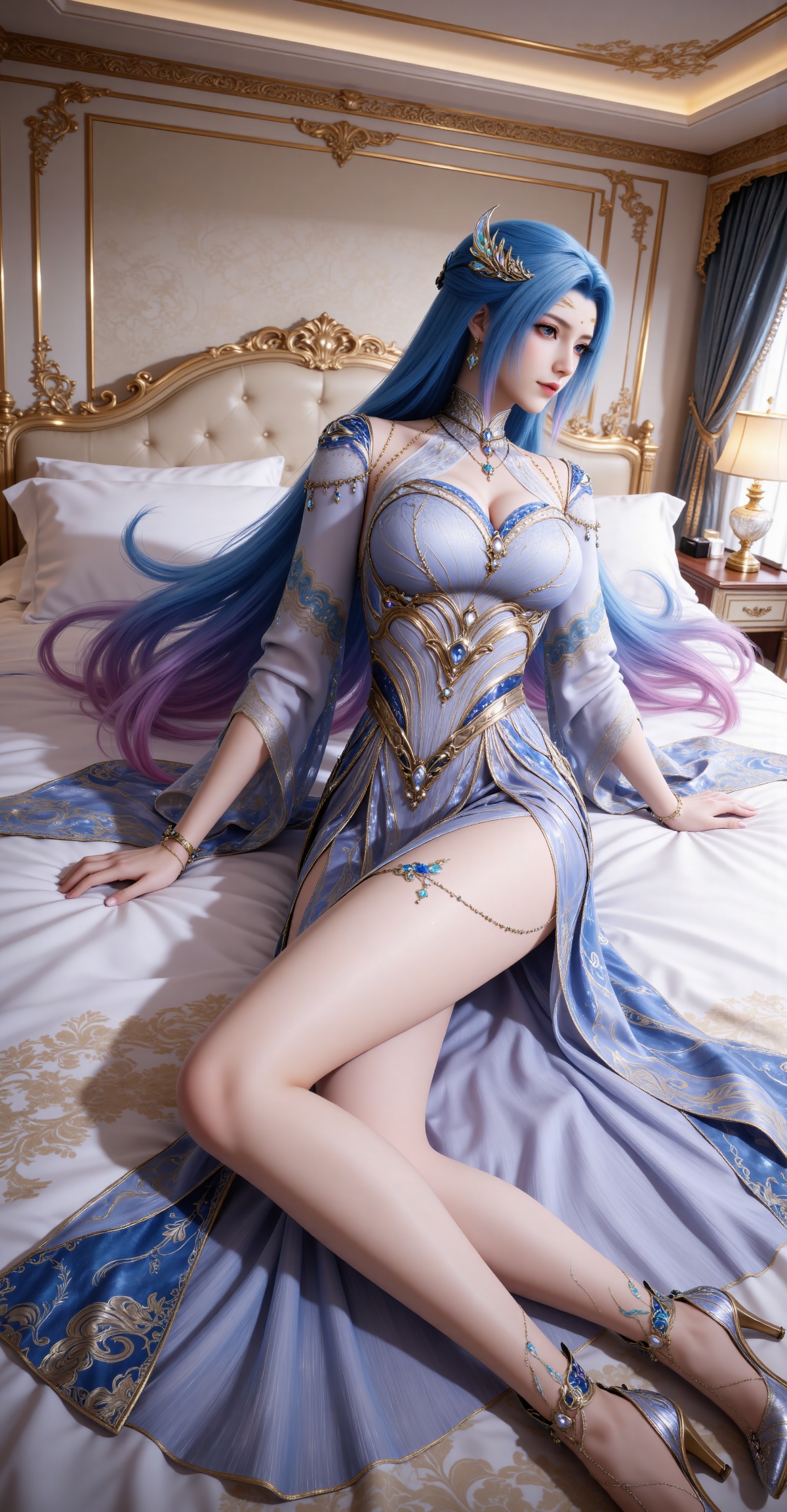
4K,masterpiece,best quality,very aesthetic,lvjing,
blue hair, long hair, blue eyes, multicolored hair, gradient hair, pink hair, large breasts, forehead mark, tangwutong blue and white dress, cleavage cutout, detached sleeves, necklace, hair_ornament, anklet, bracelet, high_heels, 1girl, bed, on bed, lamp, curtains, solo, indoors, full body, pillow, sitting, jewelry, bedroom, window, earrings, lying,on back,bare legs, cleavage, legs, parted lips, bare shoulders