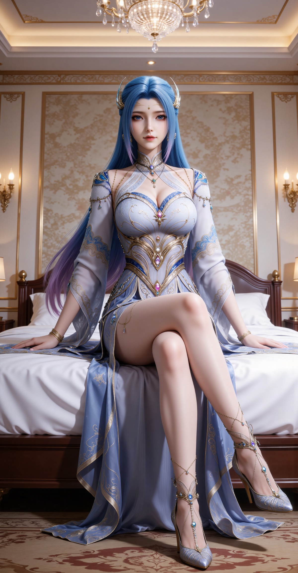 
4K,masterpiece,best quality,very aesthetic,lvjing,
blue hair, long hair, blue eyes, multicolored hair, gradient hair, pink hair, large breasts, forehead mark, tangwutong blue and white dress, cleavage cutout, detached sleeves, necklace, hair_ornament, anklet, bracelet, high_heels, 1girl, sitting, bed, solo, full body, crossed legs, bare legs, on bed, looking at viewer, indoors, lamp, bare shoulders, legs, pillow
