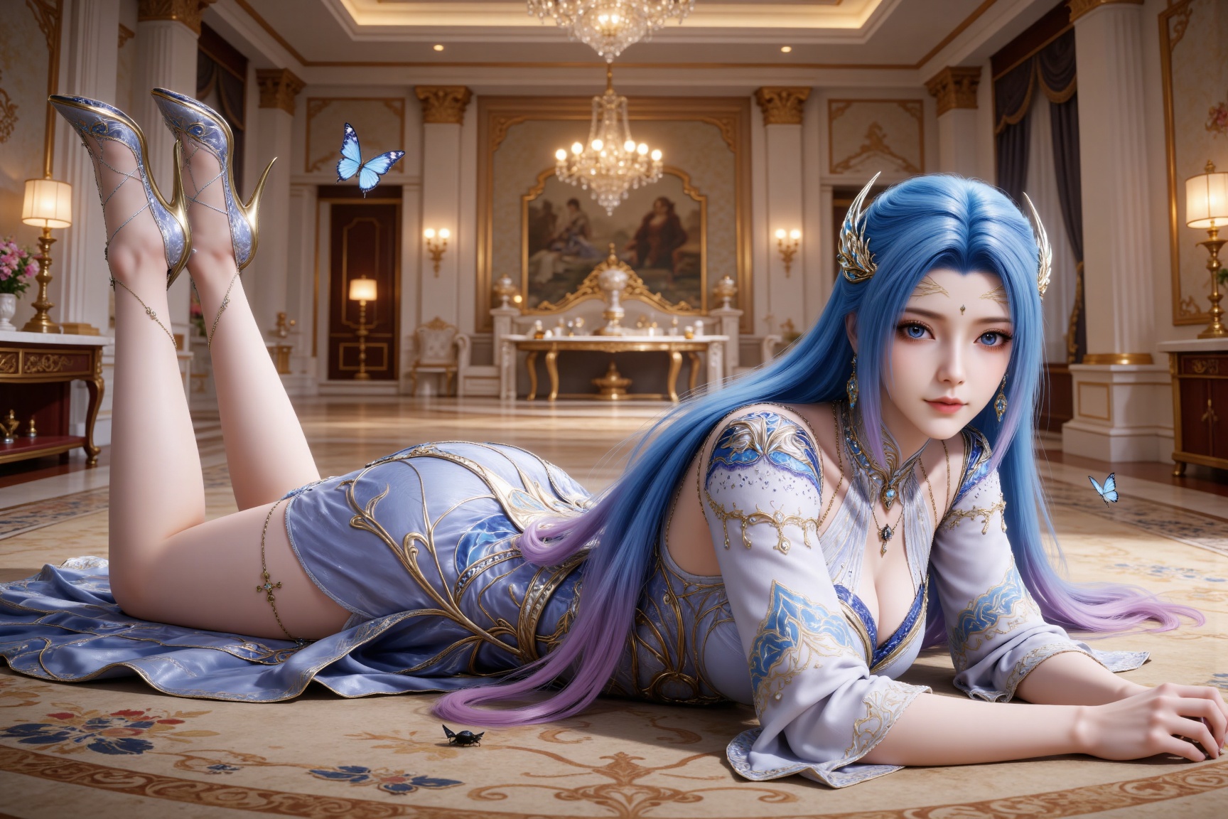 
4K,masterpiece,best quality,very aesthetic,lvjing,
blue hair, long hair, blue eyes, multicolored hair, gradient hair, pink hair, large breasts, forehead mark, tangwutong blue and white dress, cleavage cutout, detached sleeves, necklace, hair_ornament, 1girl, lying, on stomach, jewelry, bare legs, solo, butterfly, bug, table, indoors, looking at viewer, earrings, from side, carpet,high heels