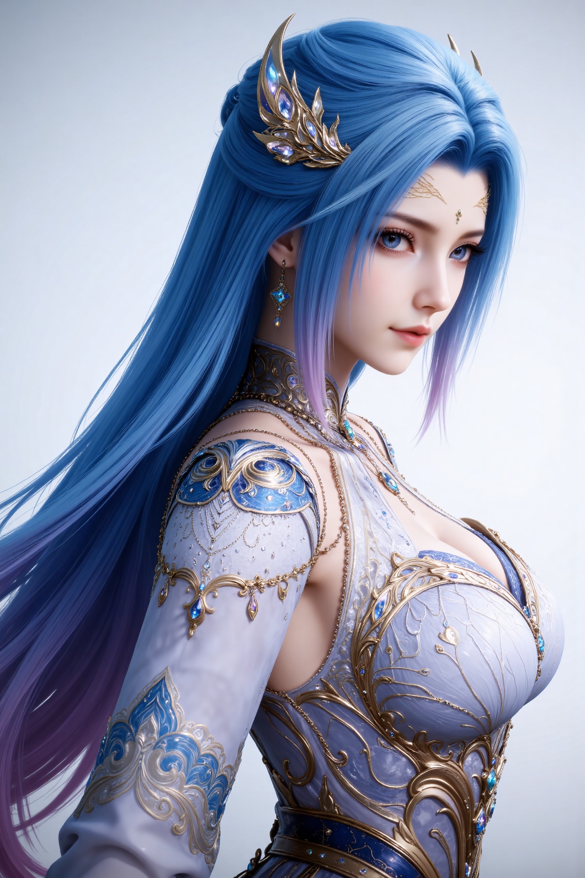 
4K,masterpiece,best quality,very aesthetic,lvjing,
blue hair, long hair, blue eyes, multicolored hair, gradient hair, pink hair, large breasts, forehead mark, tangwutong blue and white dress, cleavage cutout, detached sleeves, necklace, hair_ornament, 1girl, solo, jewelry, earrings, breasts, looking at viewer, clothing cutout, bare legs, closed mouth, from side